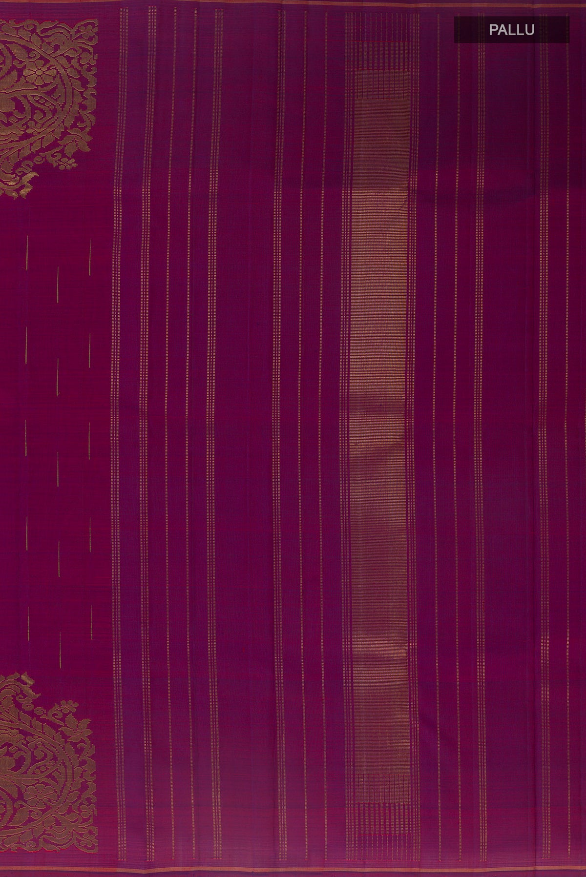 Close up image of the pallu of Pure Silk Pure Zari Purple Kanjivaram Saree with Zari Butta on the body and Thin Zari Line. 