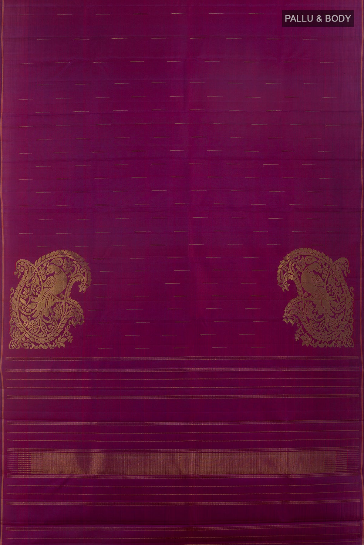 Flat view of Pure Silk Pure Zari Purple Kanjivaram Saree with Zari Butta on the body and Thin Zari Line. 