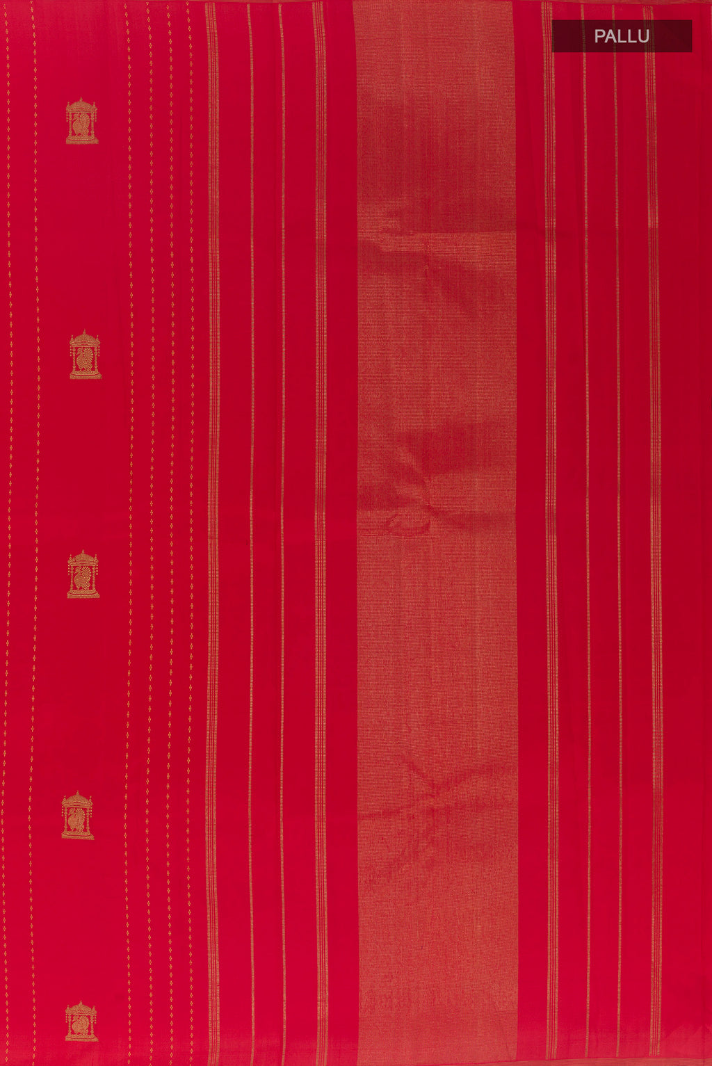 Close up image of the pallu of Red Kanjivaram Silk Saree with Stripes on the body and Without Border. 