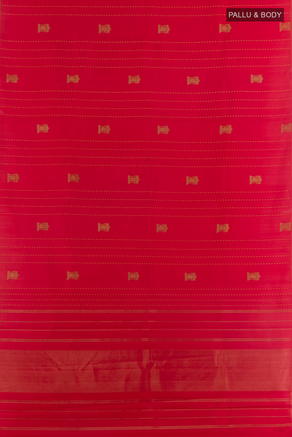 Flat view of Red Kanjivaram Silk Saree with Stripes on the body and Without Border. 