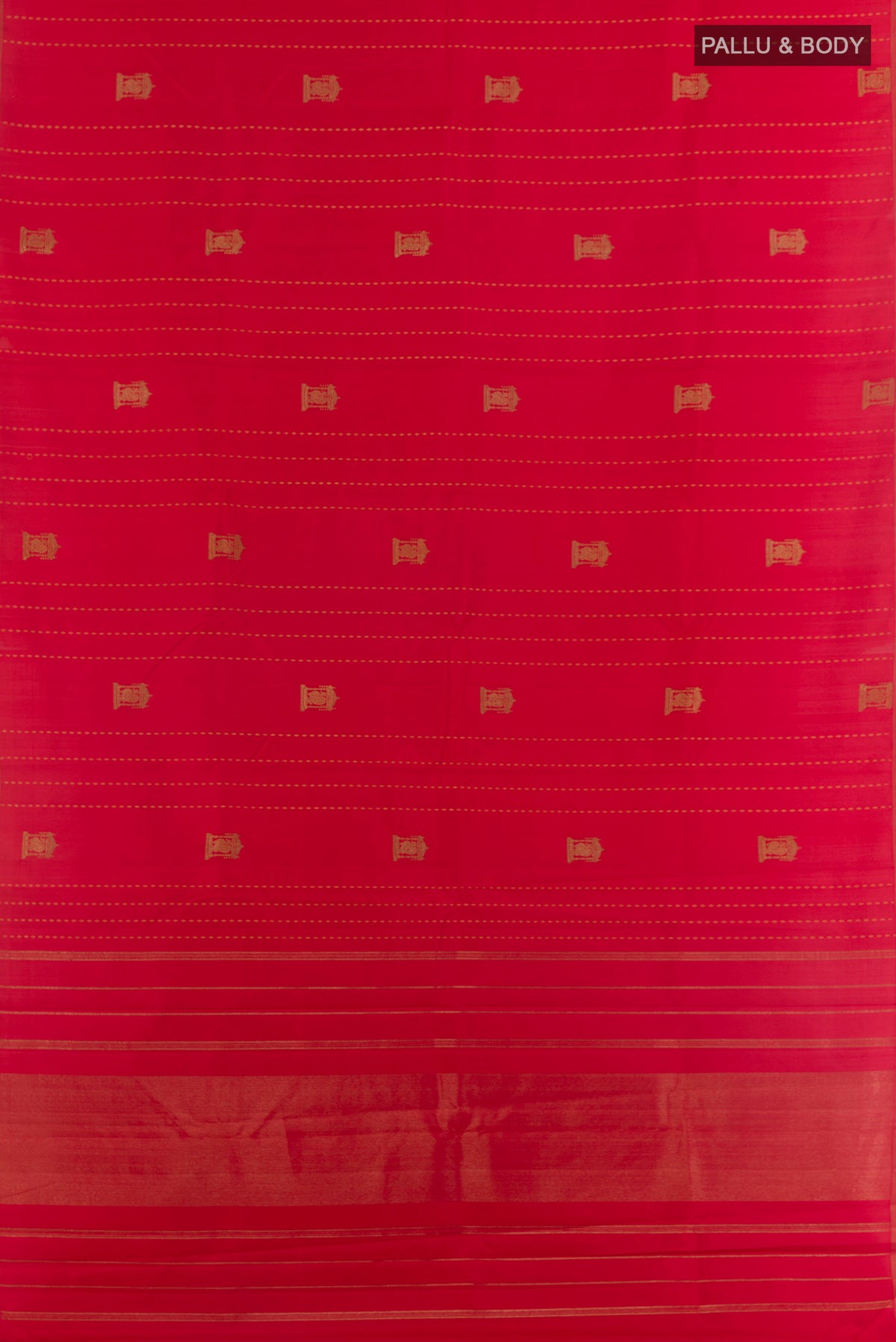 Flat view of Red Kanjivaram Silk Saree with Stripes on the body and Without Border. 