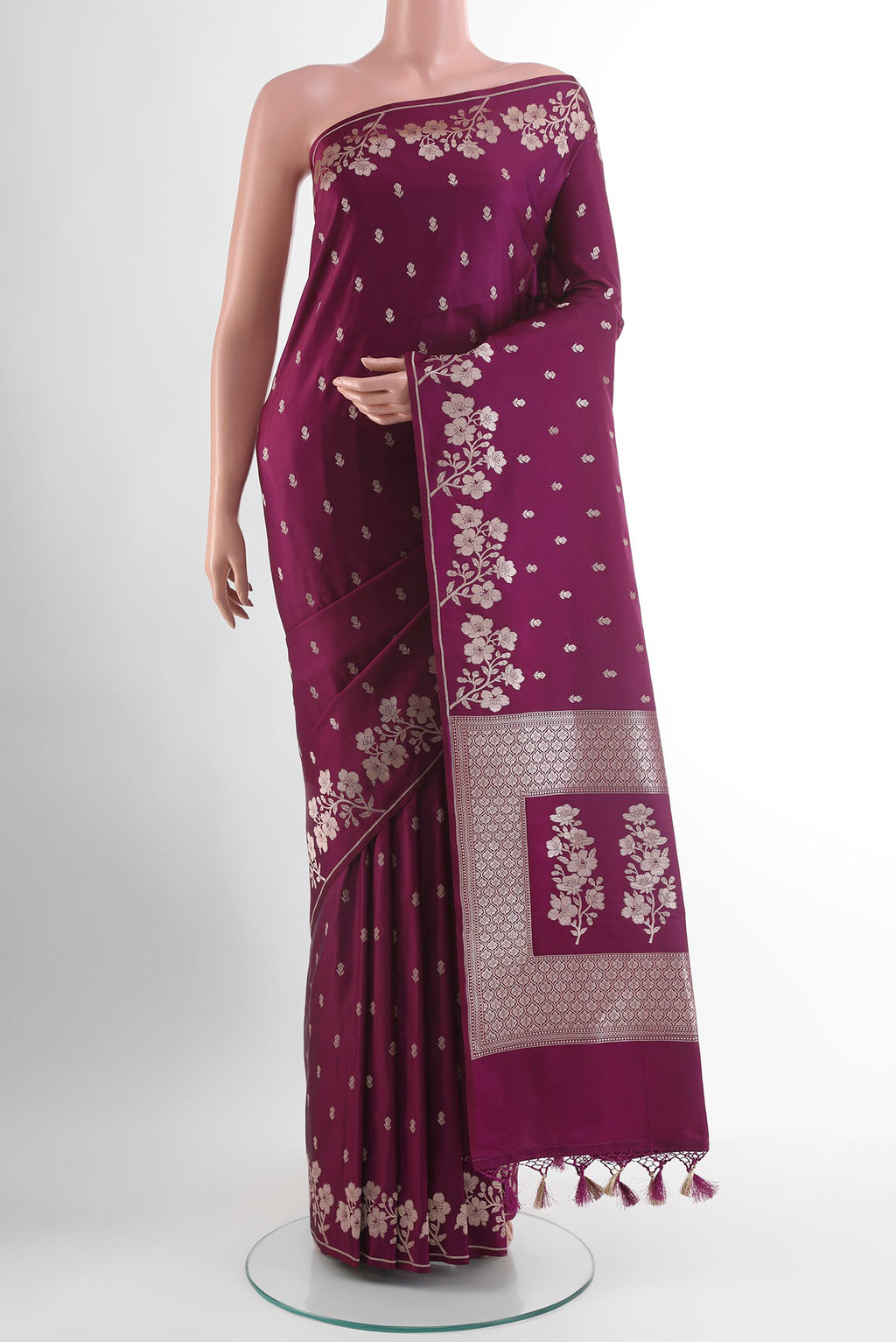 Purple Blended Art Silk Saree with Zari Butta on the body and Zari Border.  displayed on a mannequin
