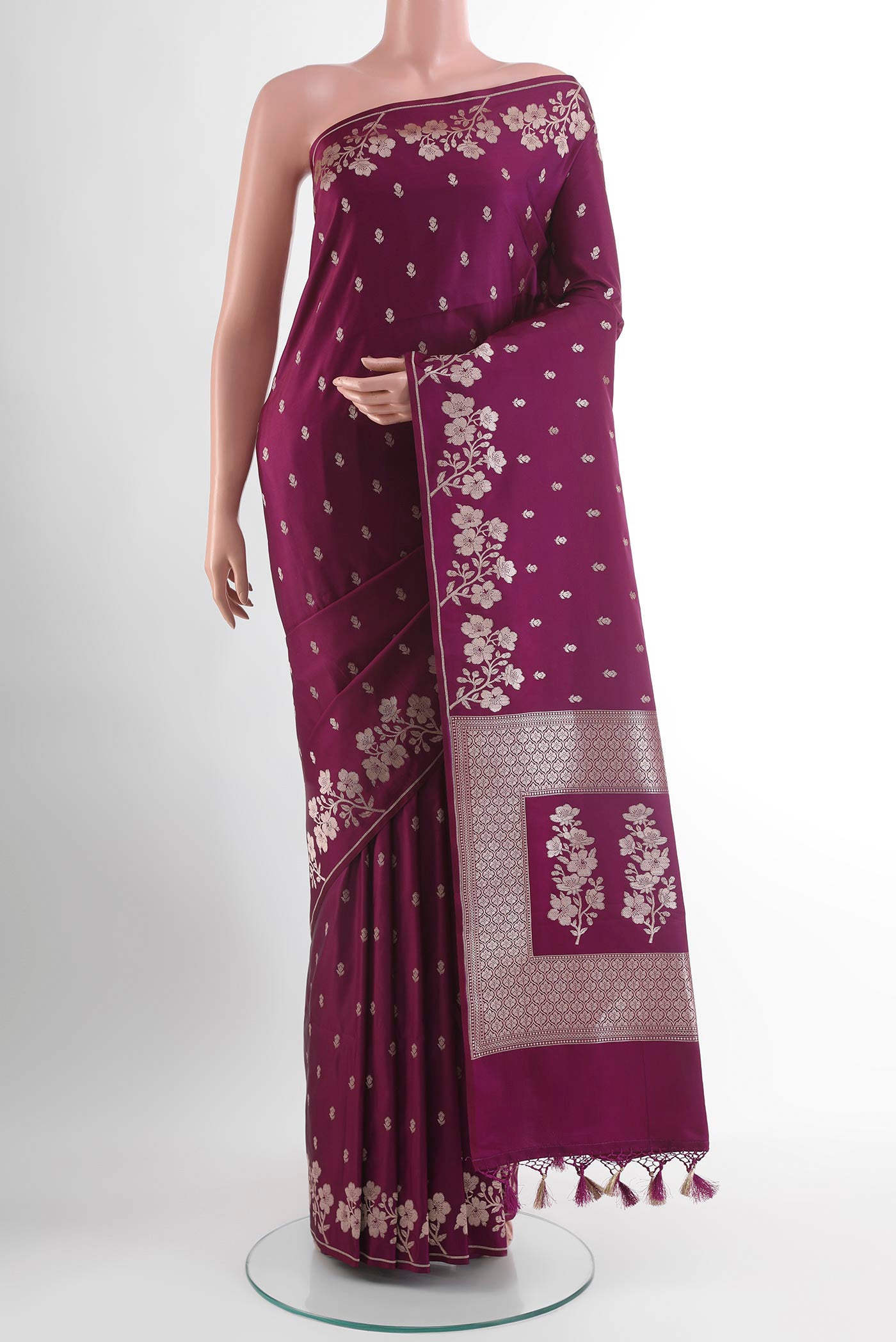 Purple Blended Art Silk Saree with Zari Butta on the body and Zari Border.  displayed on a mannequin