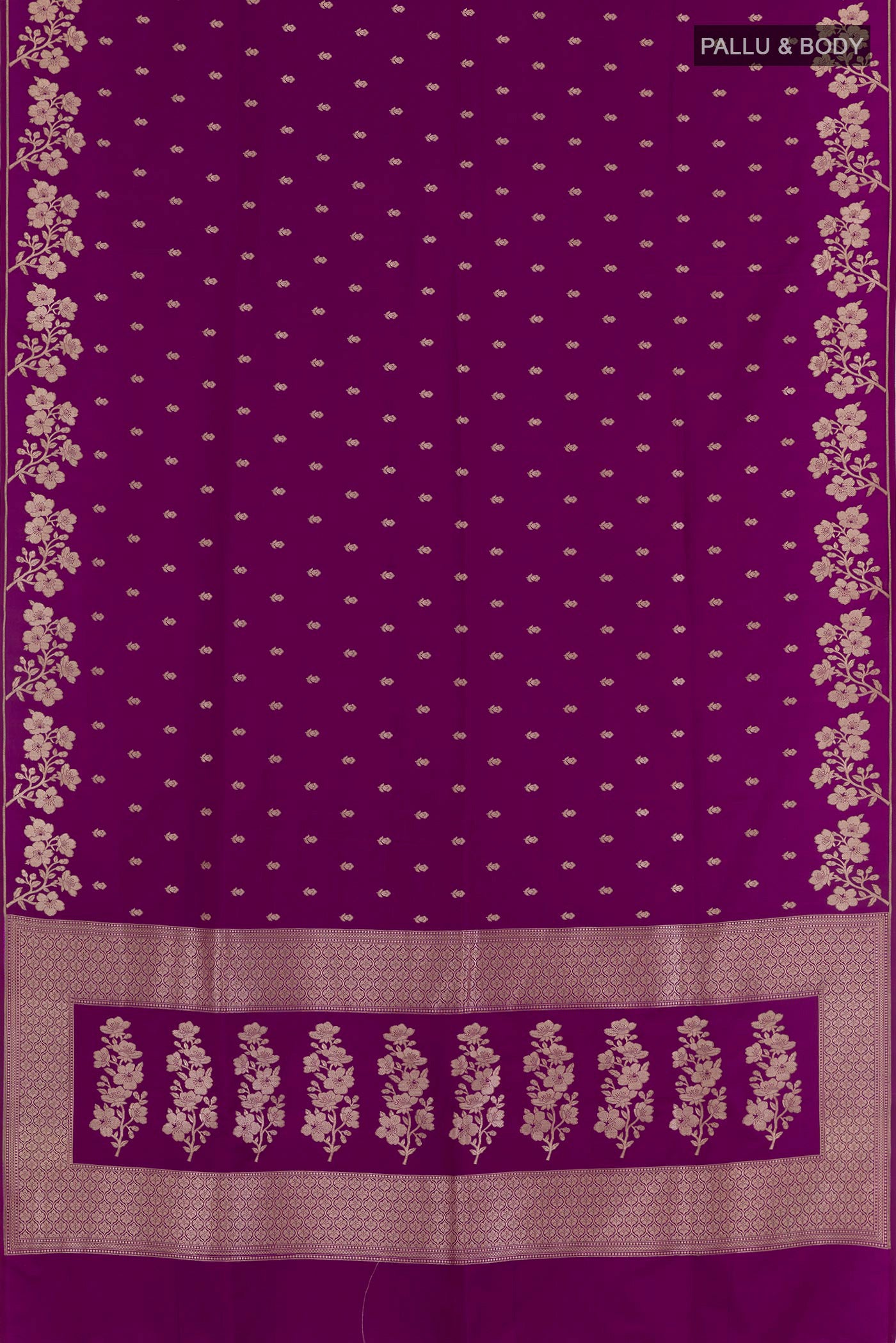 Flat view of Purple Blended Art Silk Saree with Zari Butta on the body and Zari Border. 