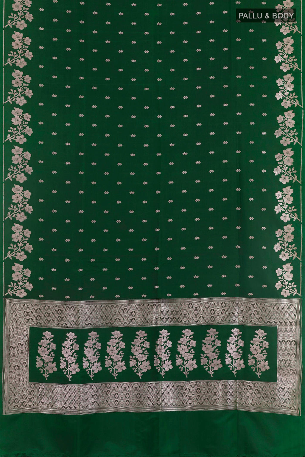Flat view of Green Blended Art Silk Saree with Zari Butta on the body and Zari Border. 