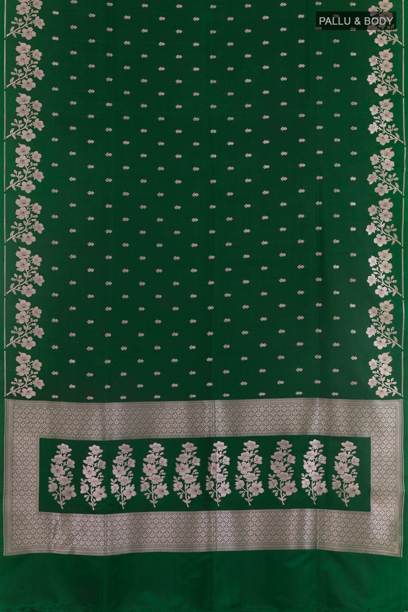 Flat view of Green Blended Art Silk Saree with Zari Butta on the body and Zari Border. 