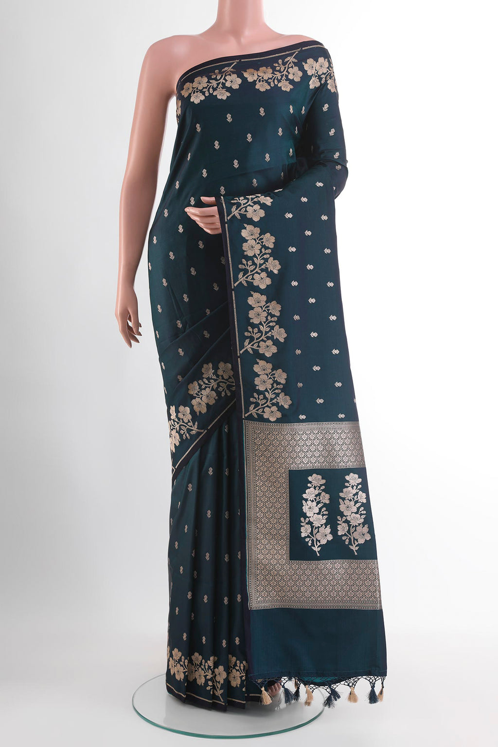 Teal Blended Art Silk Saree with Zari Butta on the body and Zari Border.  displayed on a mannequin