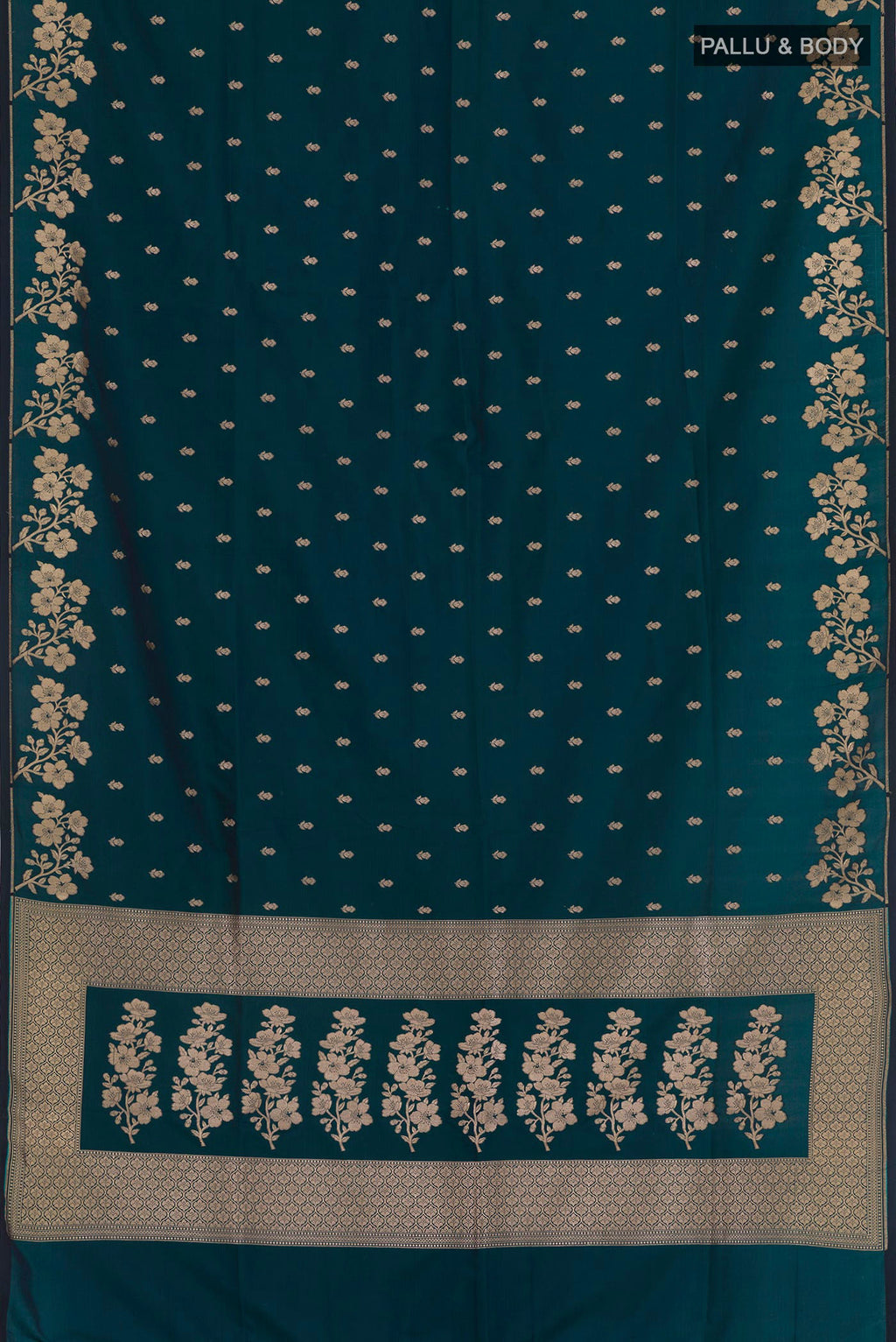 Flat view of Teal Blended Art Silk Saree with Zari Butta on the body and Zari Border. 