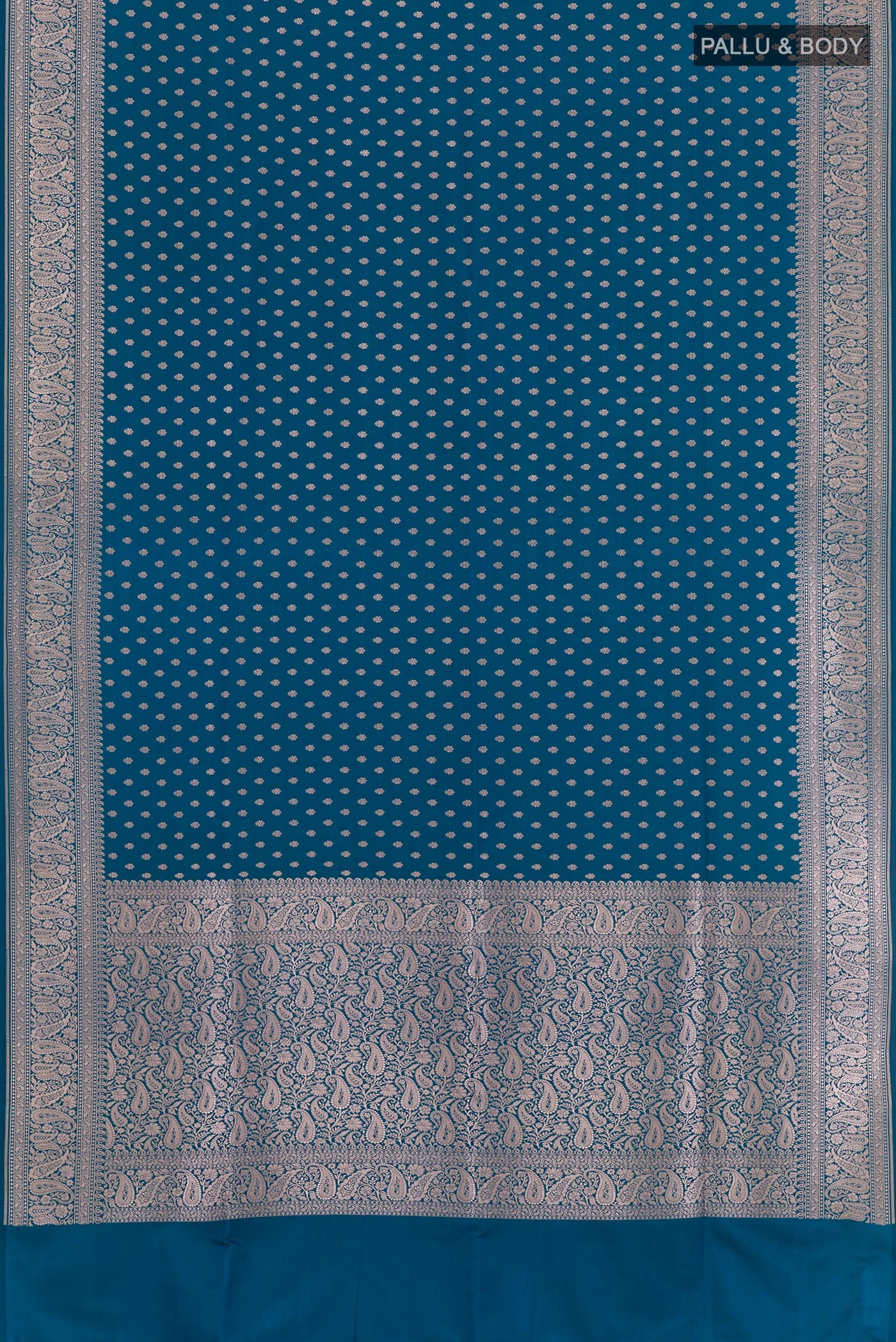 Flat view of Blue Blended Art Silk Saree with Zari Butta on the body and Zari Border. 