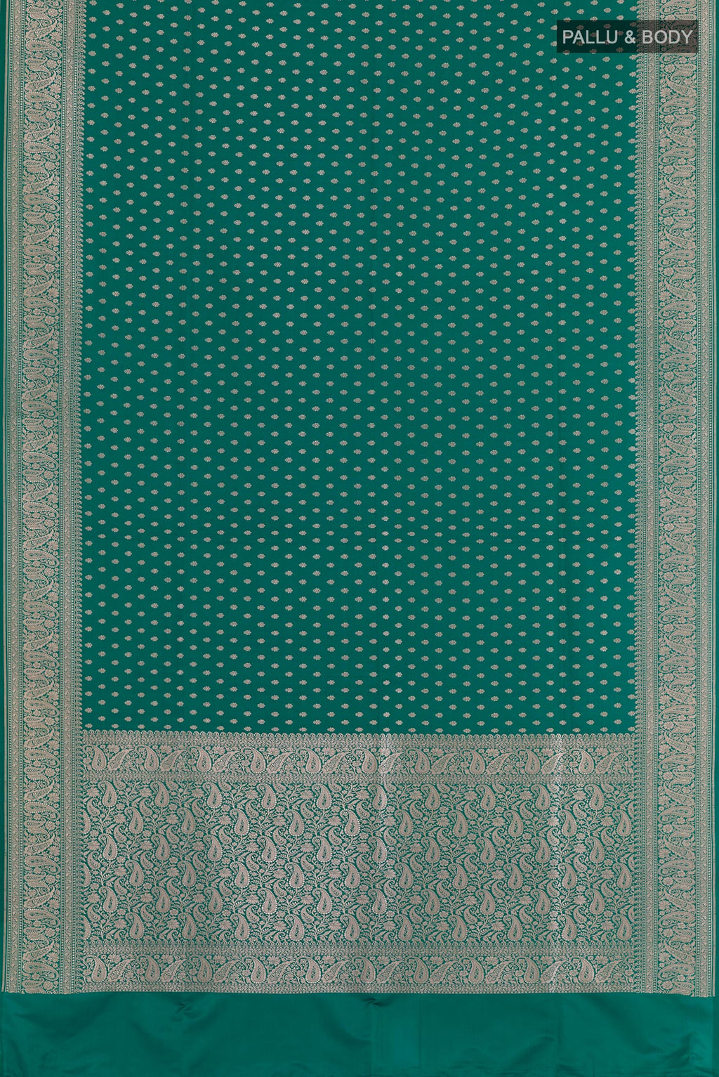 Flat view of Sea Green Blended Art Silk Saree with Zari Butta on the body and Zari Border. 