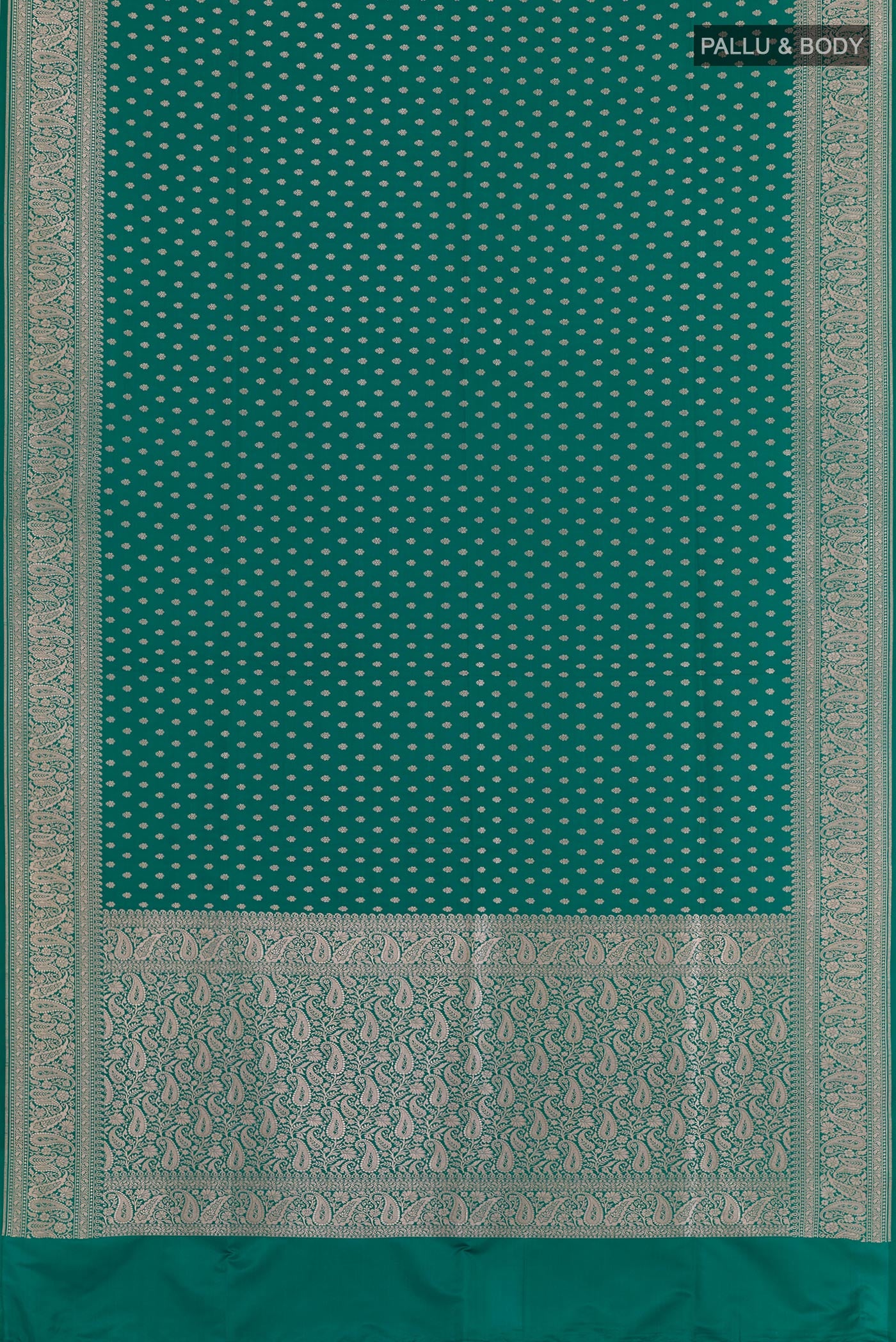 Flat view of Sea Green Blended Art Silk Saree with Zari Butta on the body and Zari Border. 