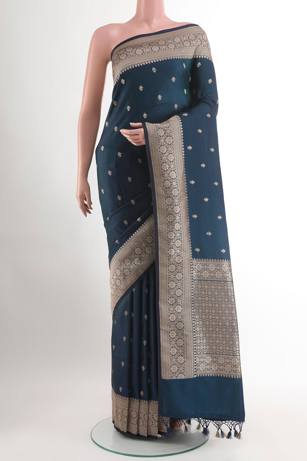 Blue Blended Art Silk Saree with Zari Butta on the body and Zari Border.  displayed on a mannequin