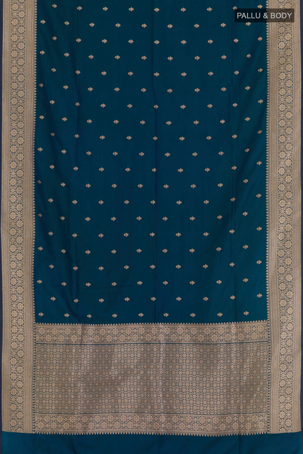 Flat view of Blue Blended Art Silk Saree with Zari Butta on the body and Zari Border. 