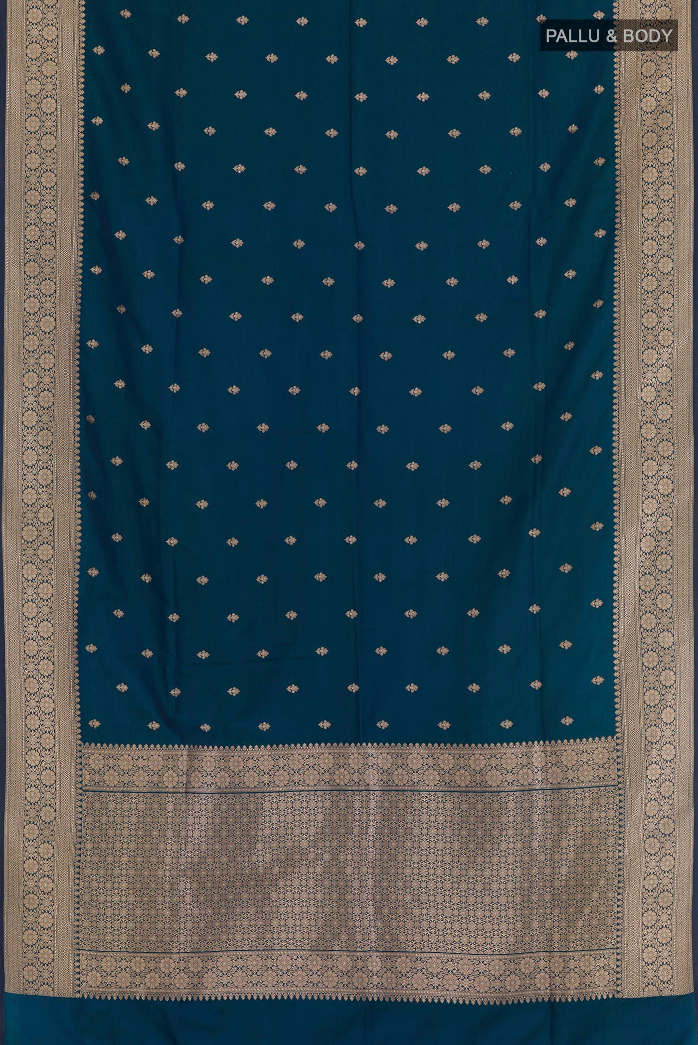 Flat view of Blue Blended Art Silk Saree with Zari Butta on the body and Zari Border. 