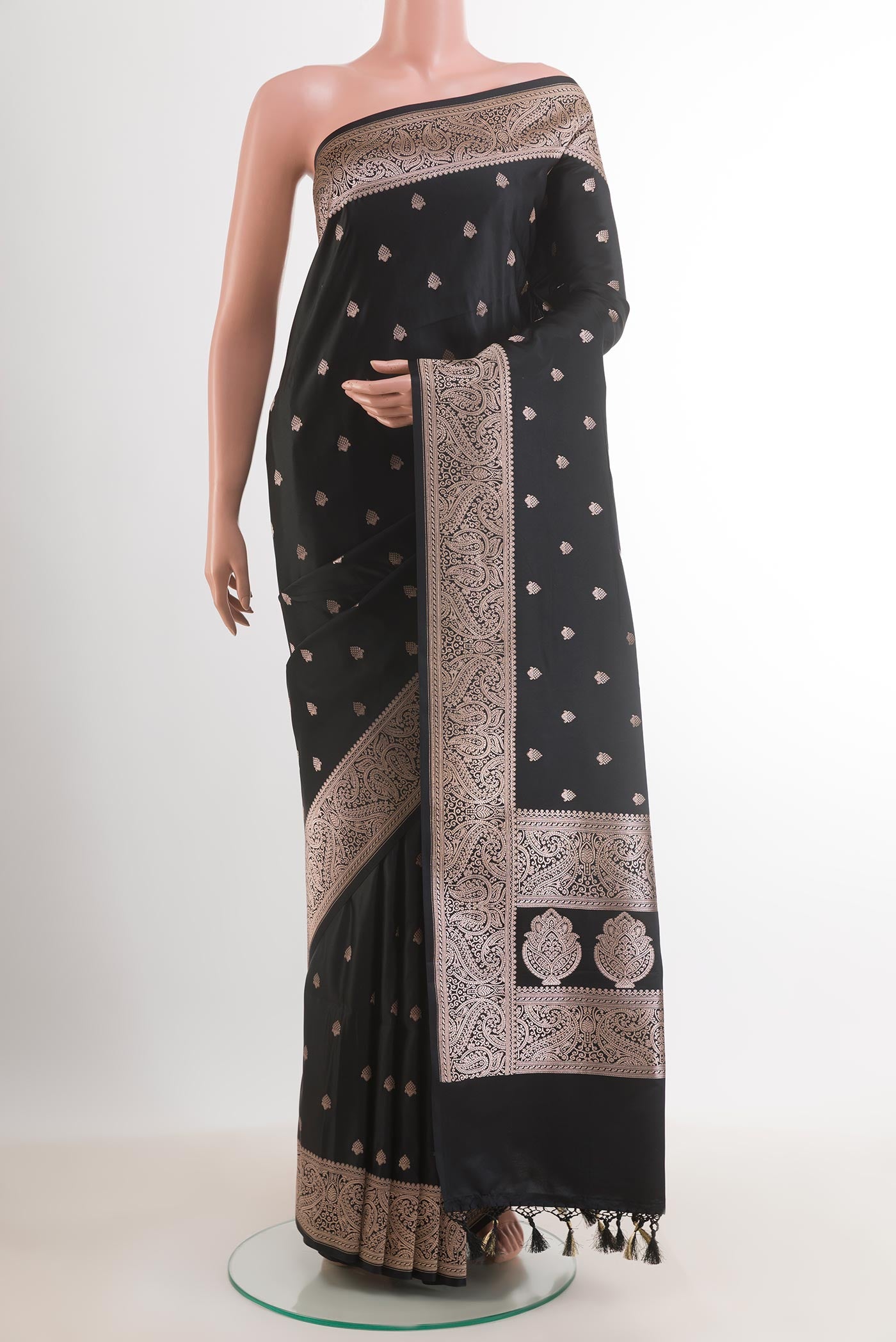 Black Dual Tone Blended Art Silk Saree with Zari Butta on the body and Zari Border.  displayed on a mannequin