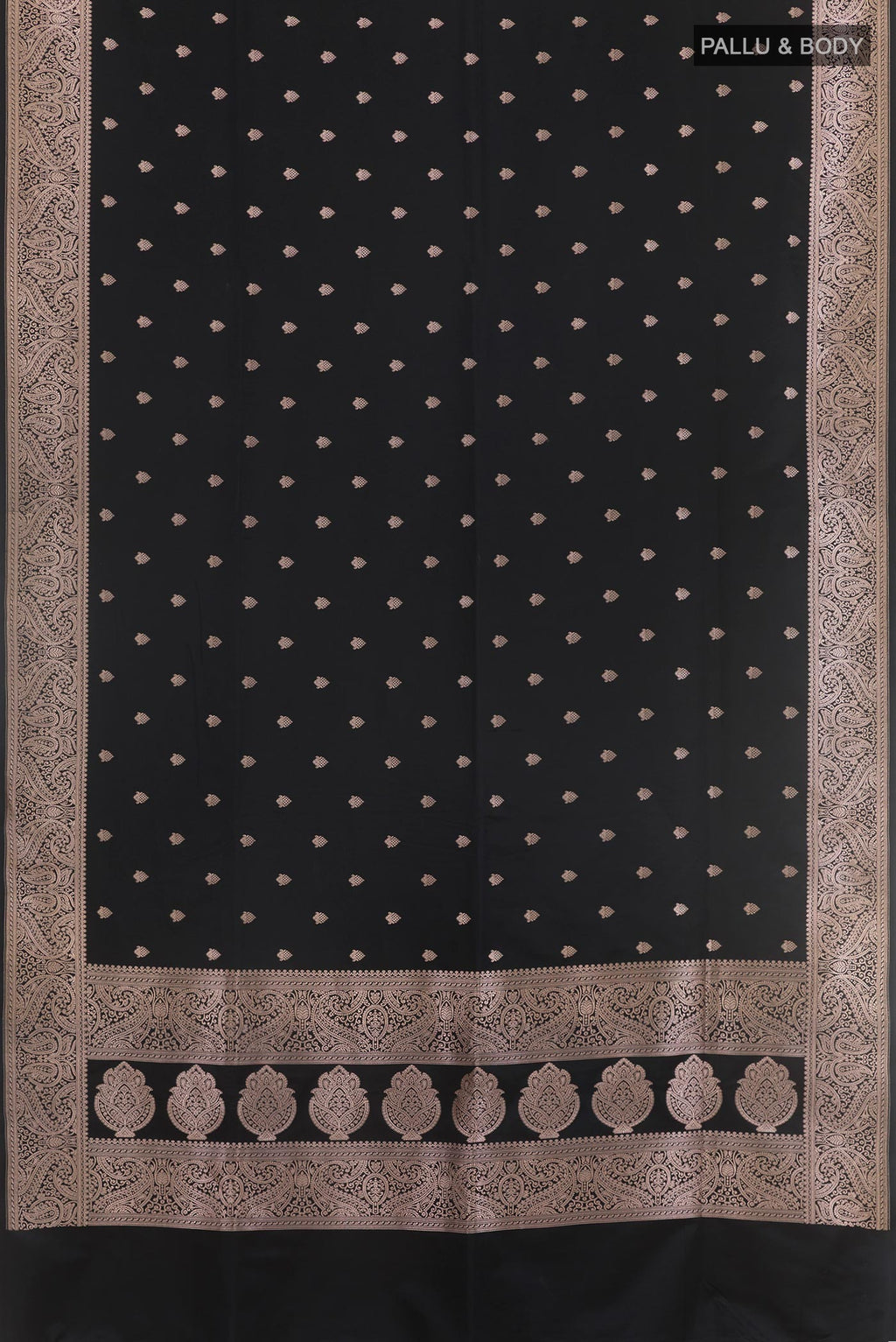 Flat view of Black Dual Tone Blended Art Silk Saree with Zari Butta on the body and Zari Border. 