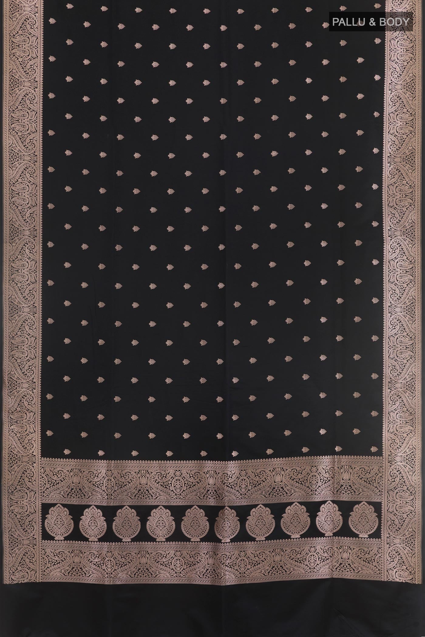 Flat view of Black Dual Tone Blended Art Silk Saree with Zari Butta on the body and Zari Border. 