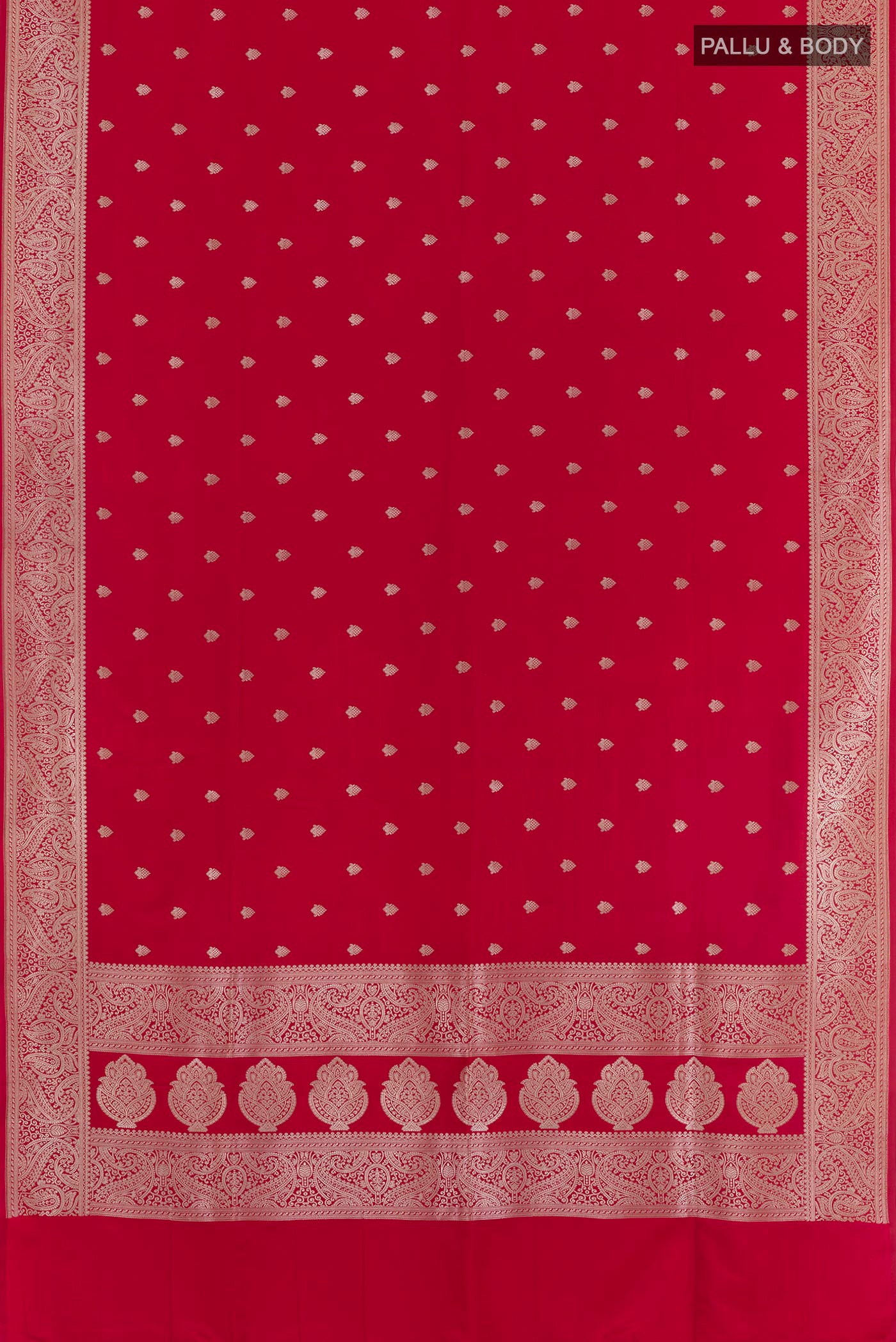Flat view of Red Blended Art Silk Saree with Zari Butta on the body and Zari Border. 