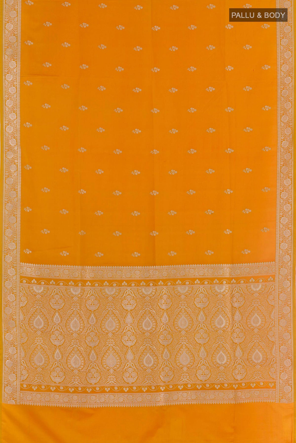 Flat view of Yellow Blended Art Silk Saree with Zari Butta on the body and Zari Border. 