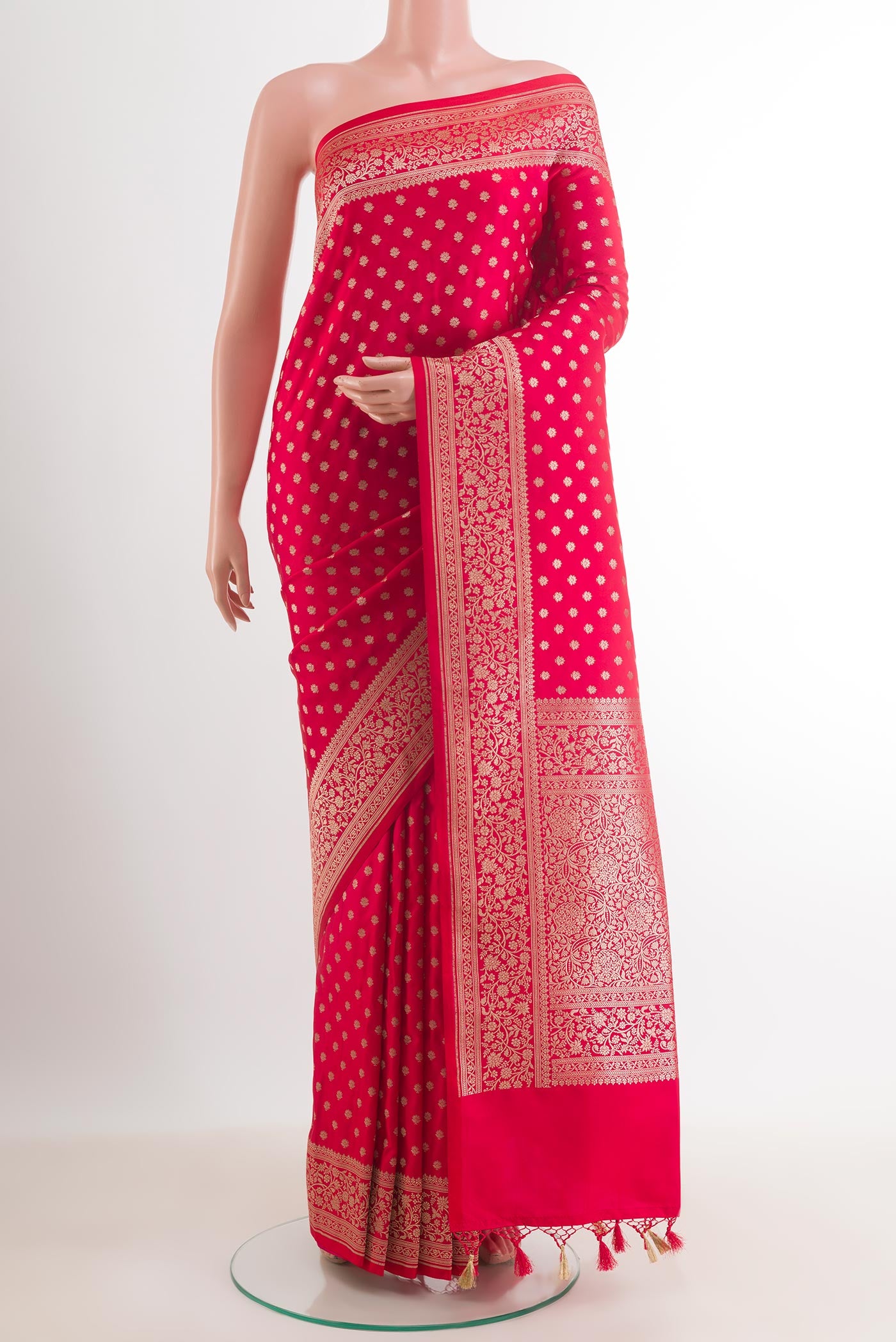 Red Dual Tone Blended Art Silk Saree with Zari Butta on the body and Zari Border.  displayed on a mannequin