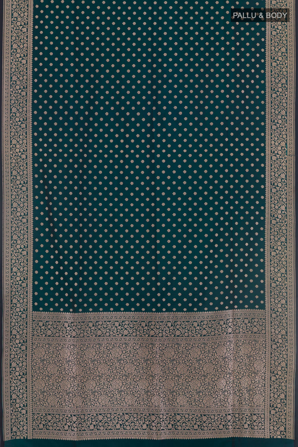 Flat view of Green Blended Art Silk Saree with Zari Butta on the body and Zari Border. 
