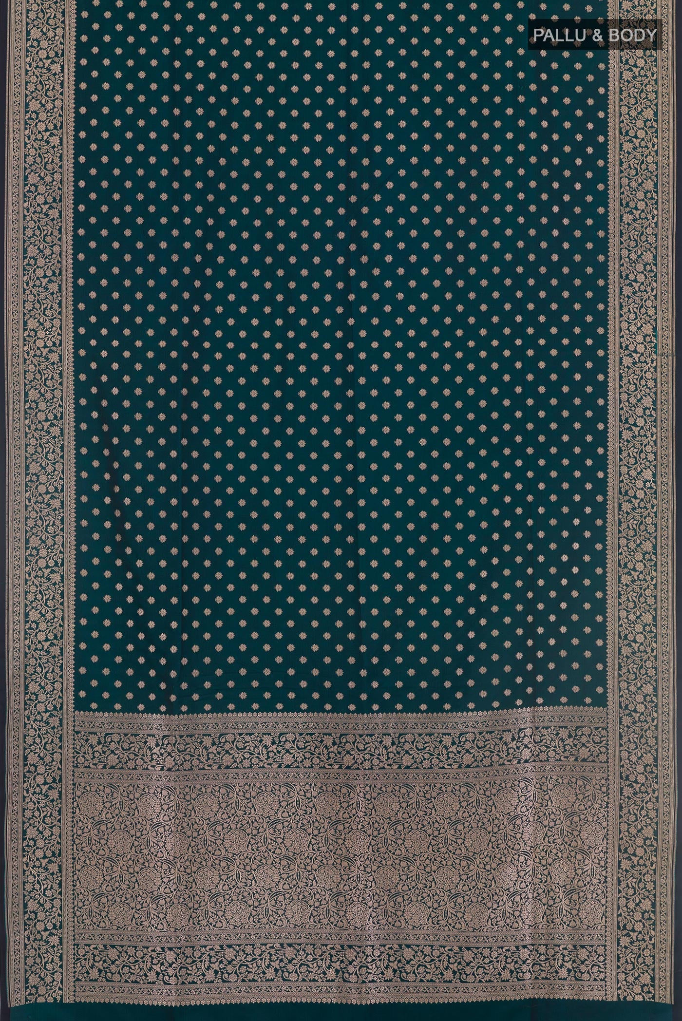 Flat view of Green Blended Art Silk Saree with Zari Butta on the body and Zari Border. 