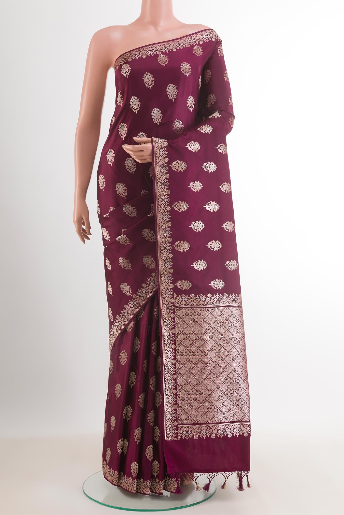 Purple Dual Tone Blended Art Silk Saree with Zari Butta on the body and Zari Border.  displayed on a mannequin