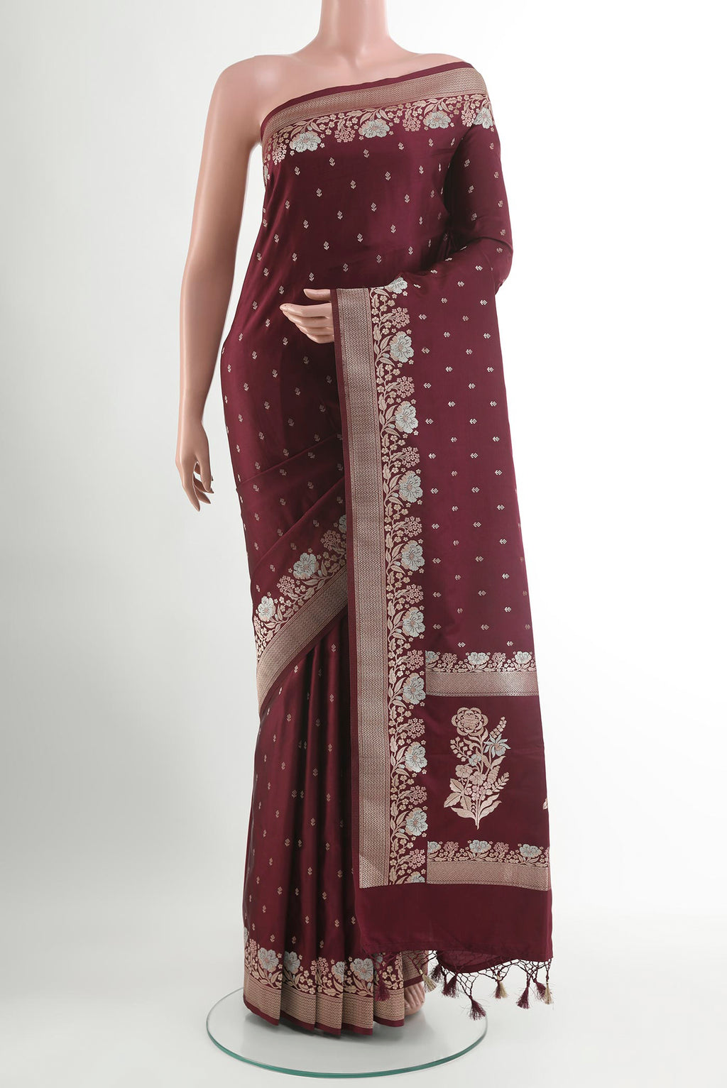 Purple Blended Art Silk Saree with Zari Butta on the body and Zari Border.  displayed on a mannequin