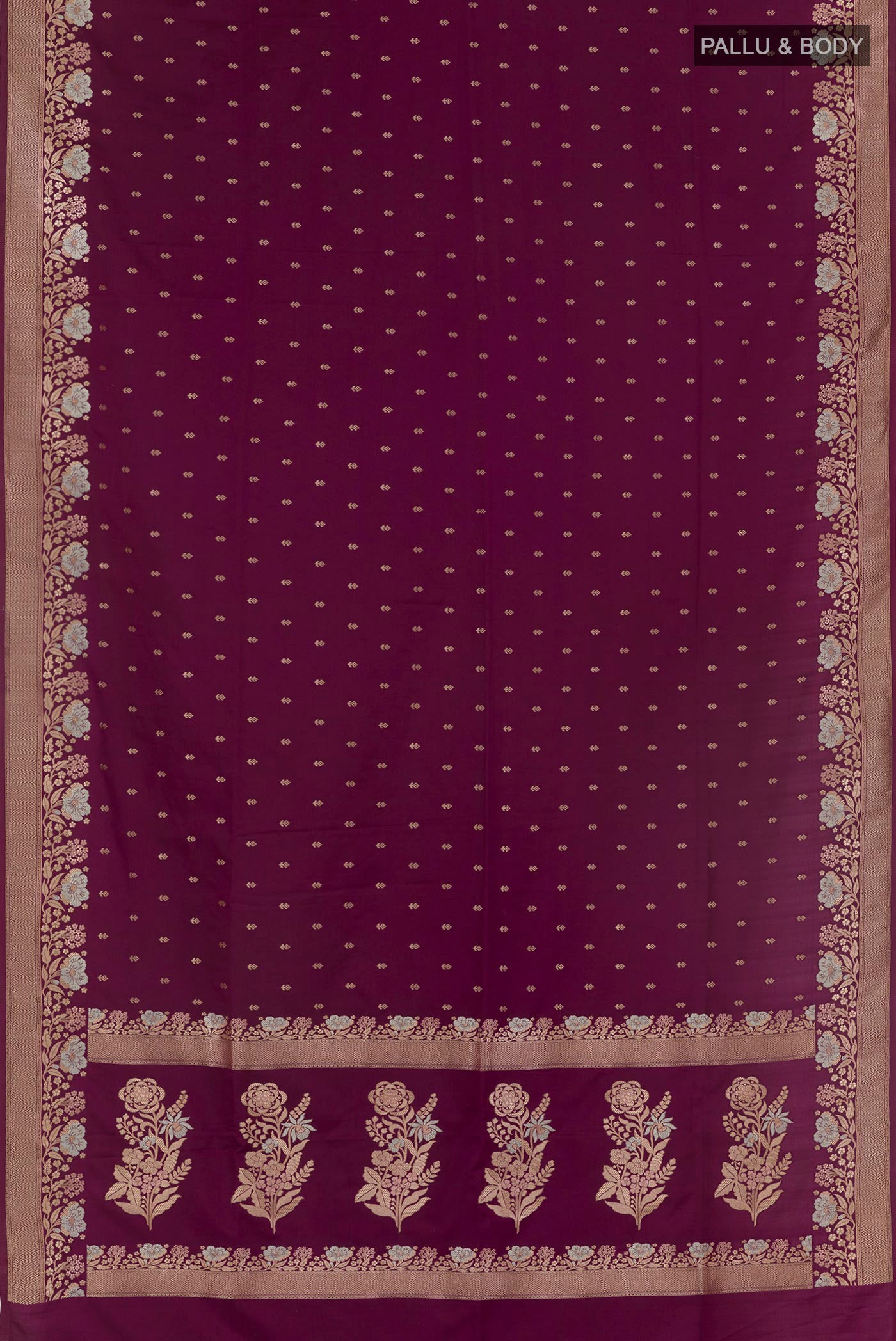 Flat view of Purple Blended Art Silk Saree with Zari Butta on the body and Zari Border. 