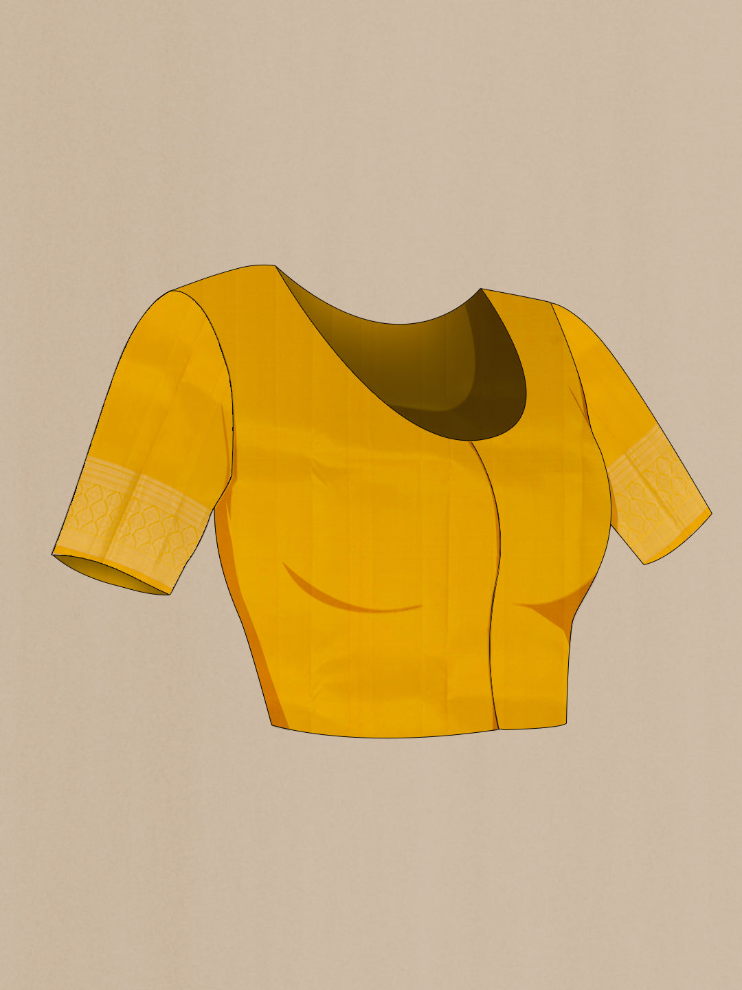 Close up image of the blouse of Yellow Kanchipuram Silk Saree with Zari Butta on the body and Zari Border. 