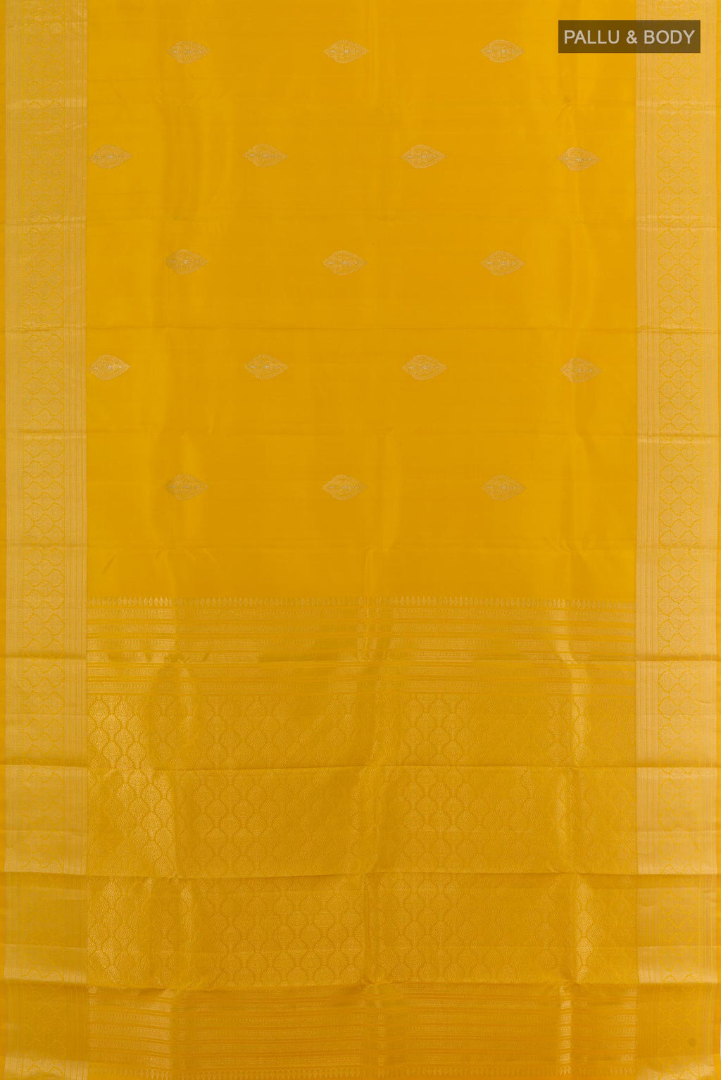 Flat view of Yellow Kanchipuram Silk Saree with Zari Butta on the body and Zari Border. 