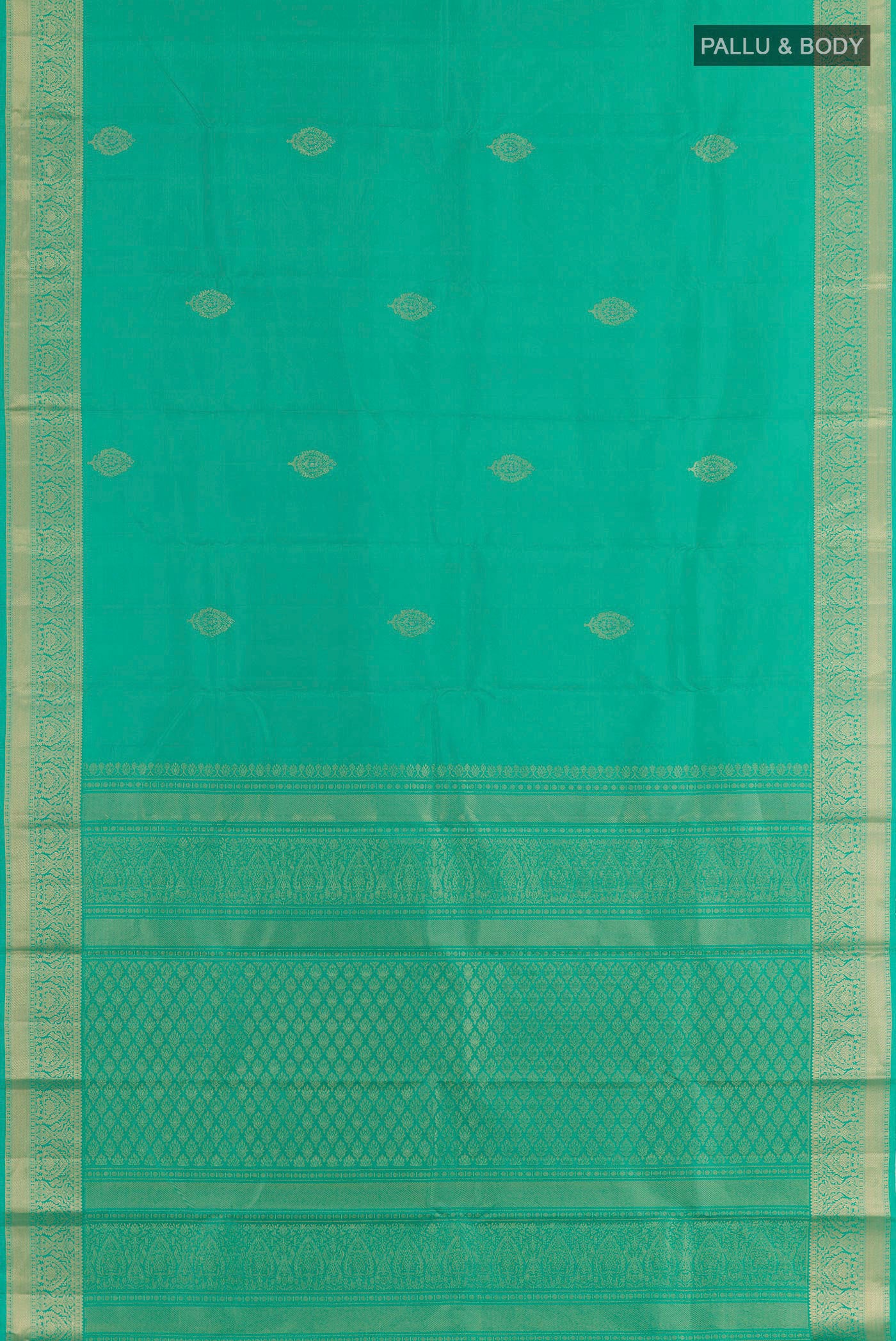 Flat view of Green Kanchipuram Silk Saree with Zari Butta on the body and Zari Border. 