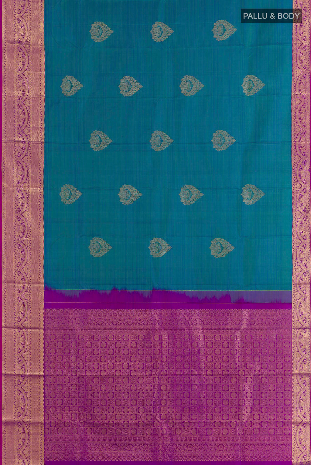 Flat view of Peacock Blue Kanchipuram Silk Saree with Zari Butta on the body and Zari Border. 