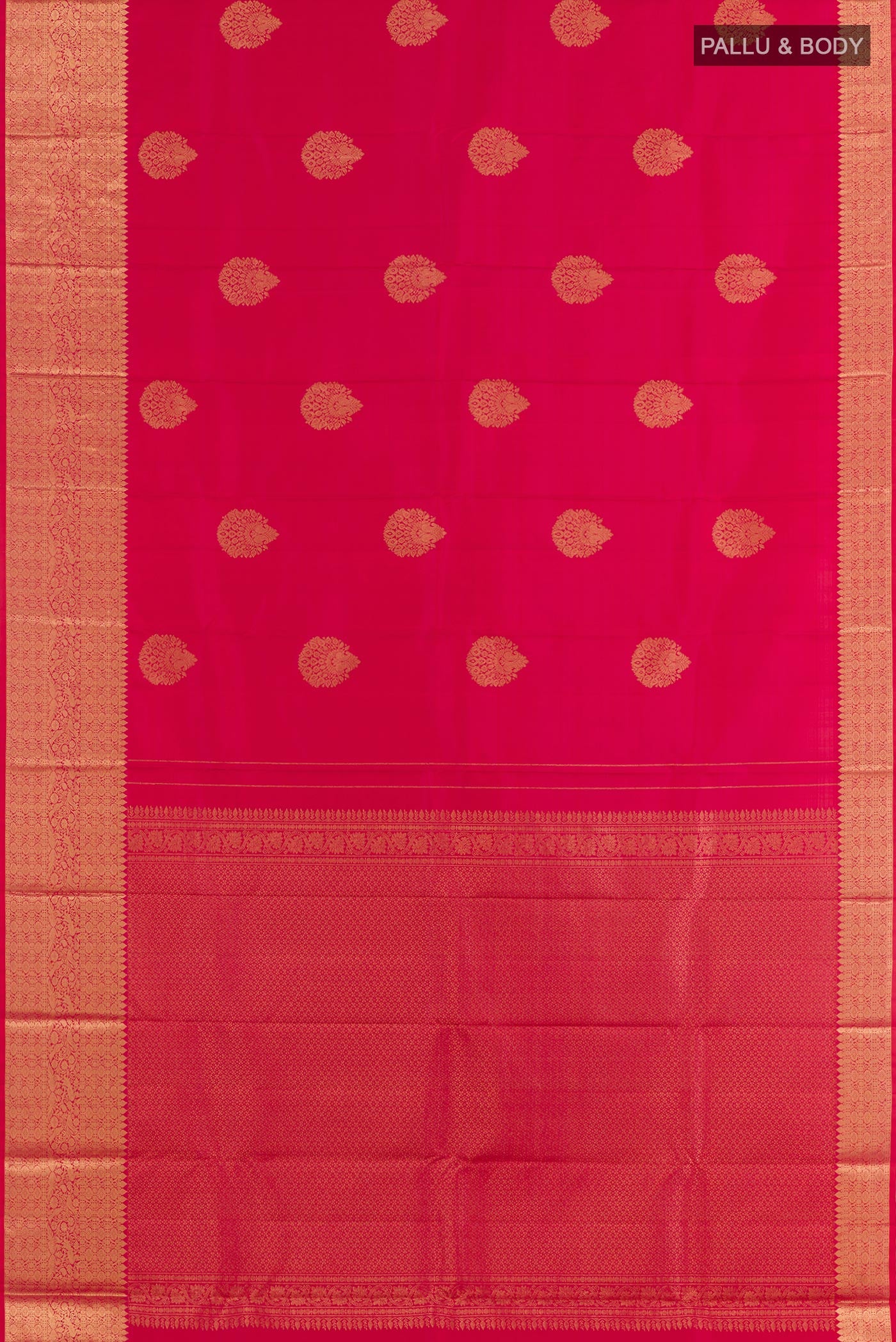 Flat view of Red Dual Tone Kanchipuram Silk Saree with Zari Butta on the body and Zari Border. 