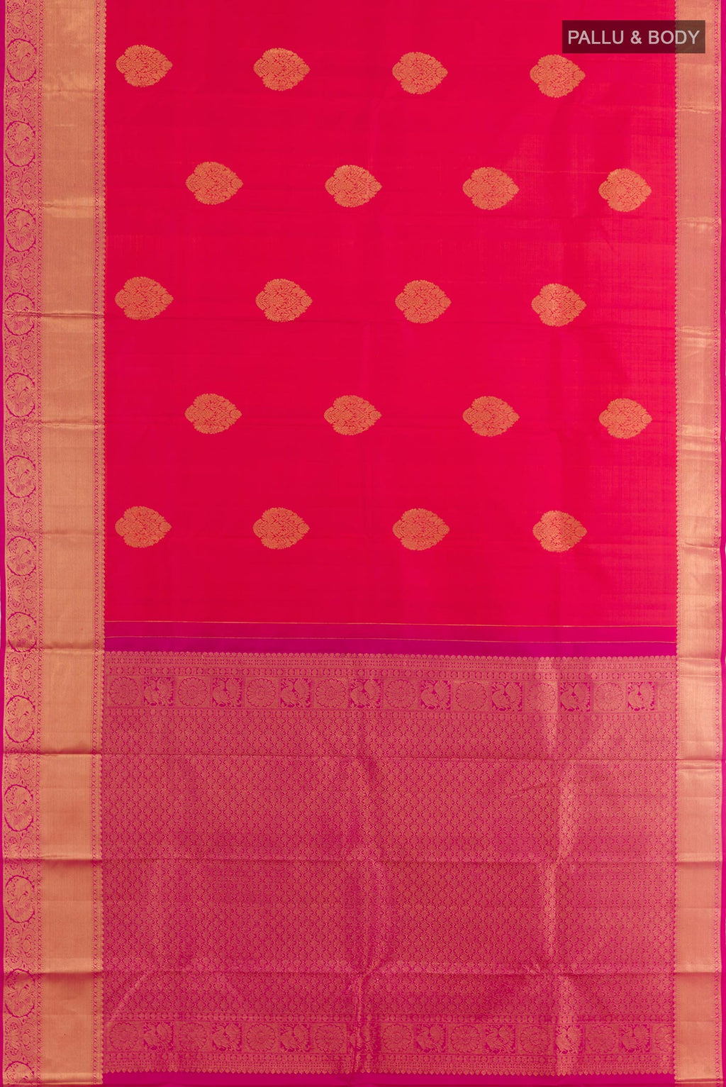 Flat view of Peach Dual Tone Kanchipuram Silk Saree with Zari Butta on the body and Zari Border. 
