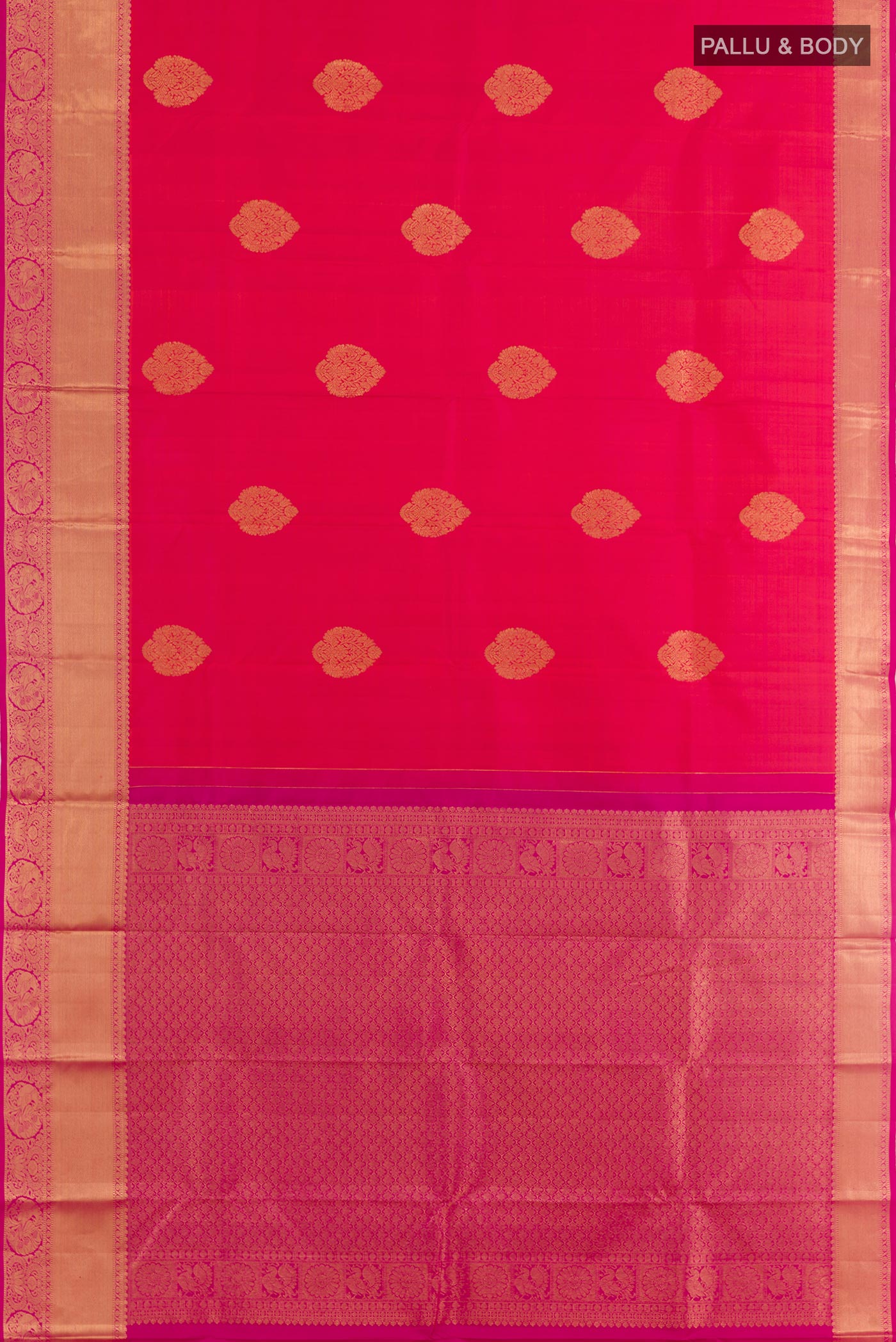 Flat view of Peach Dual Tone Kanchipuram Silk Saree with Zari Butta on the body and Zari Border. 
