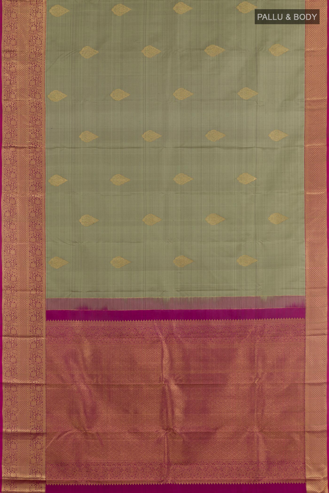 Flat view of Sage Green Kanchipuram Silk Saree with Zari Butta on the body and Zari Border. 