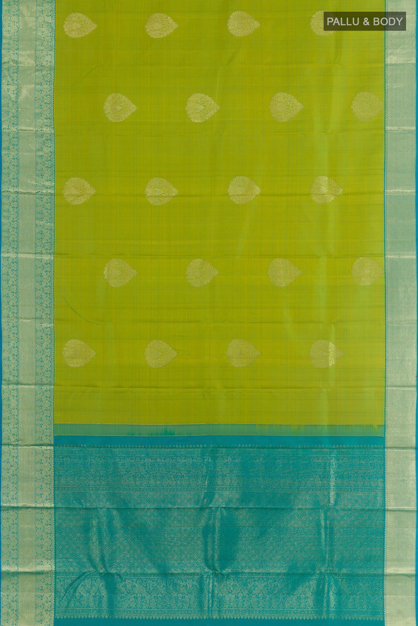 Flat view of Green Kanchipuram Silk Saree with Zari Butta on the body and Zari Border. 