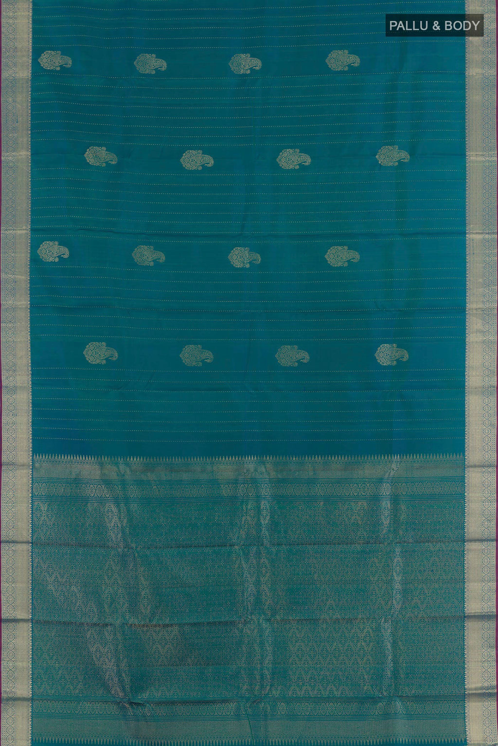 Flat view of Peacock Blue Dual Tone Kanchipuram Silk Saree with Zari Butta on the body and Zari Border. 