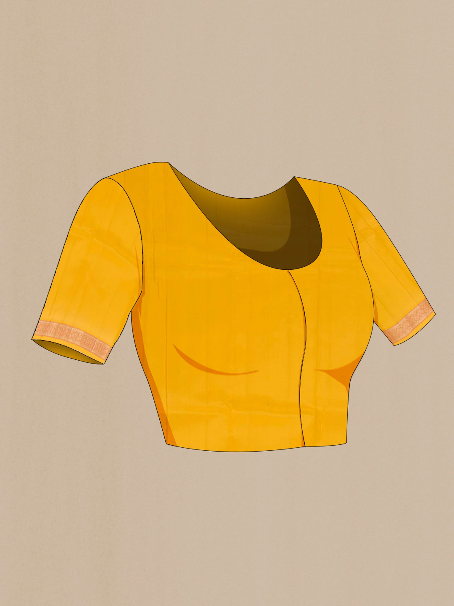 Close up image of the blouse of Yellow Kanchipuram Silk Saree with Zari Butta on the body and Zari Border. 