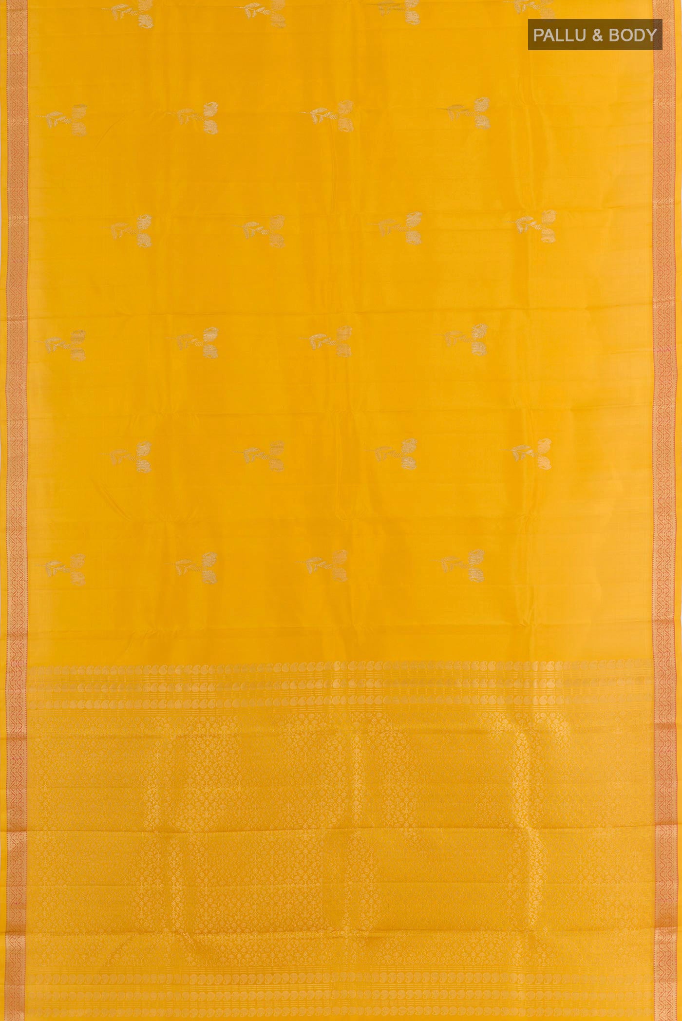 Flat view of Yellow Kanchipuram Silk Saree with Zari Butta on the body and Zari Border. 