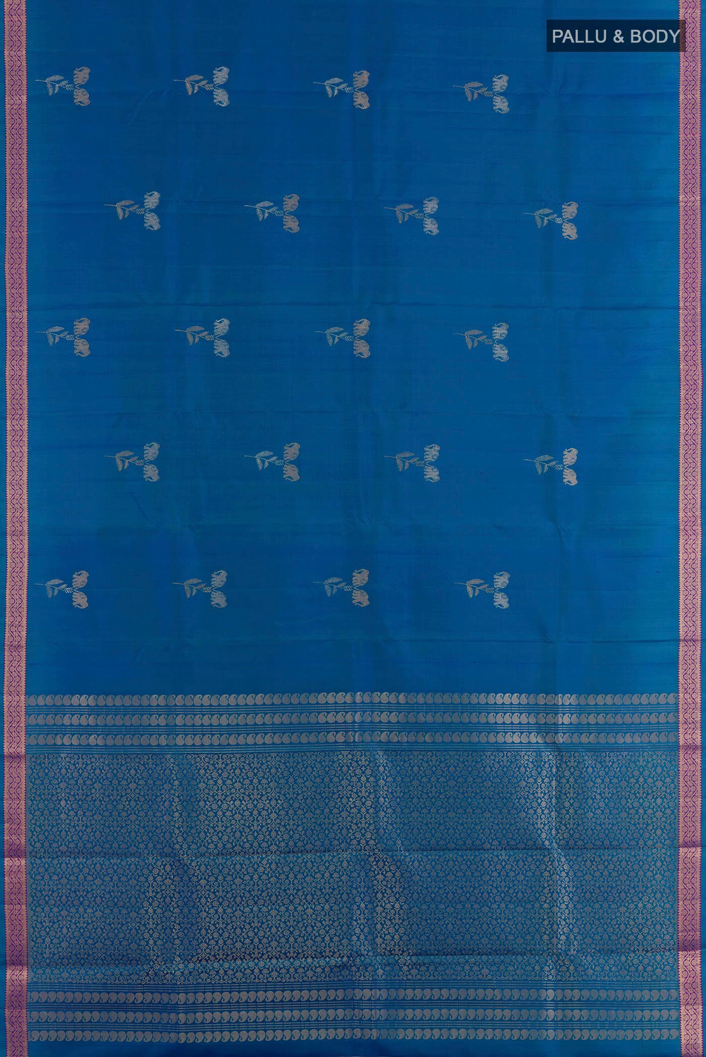 Flat view of Blue Kanchipuram Silk Saree with Zari Butta on the body and Zari Border. 
