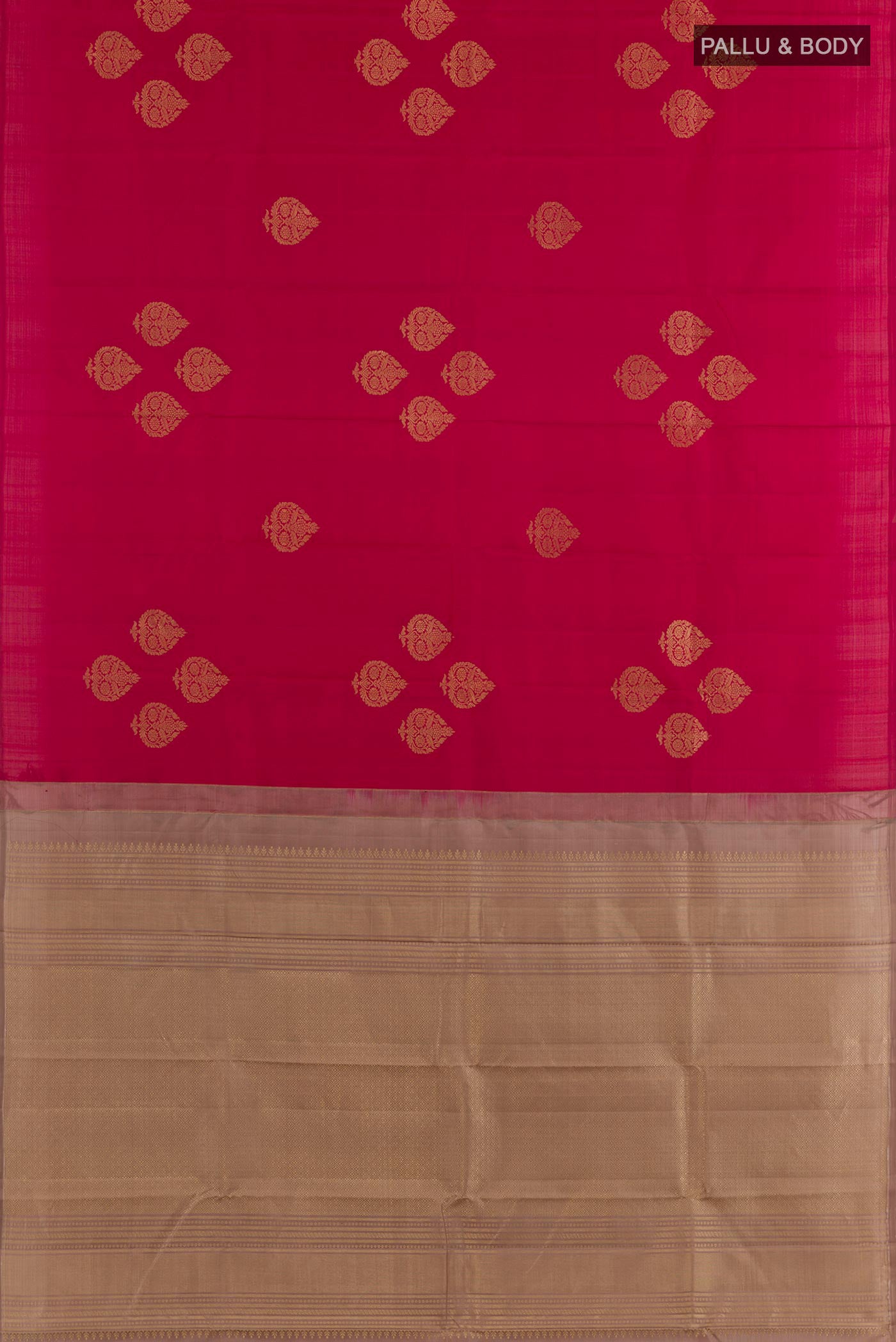 Flat view of Maroon Kanchipuram Silk Saree with Zari Butta on the body and Zari Border. 