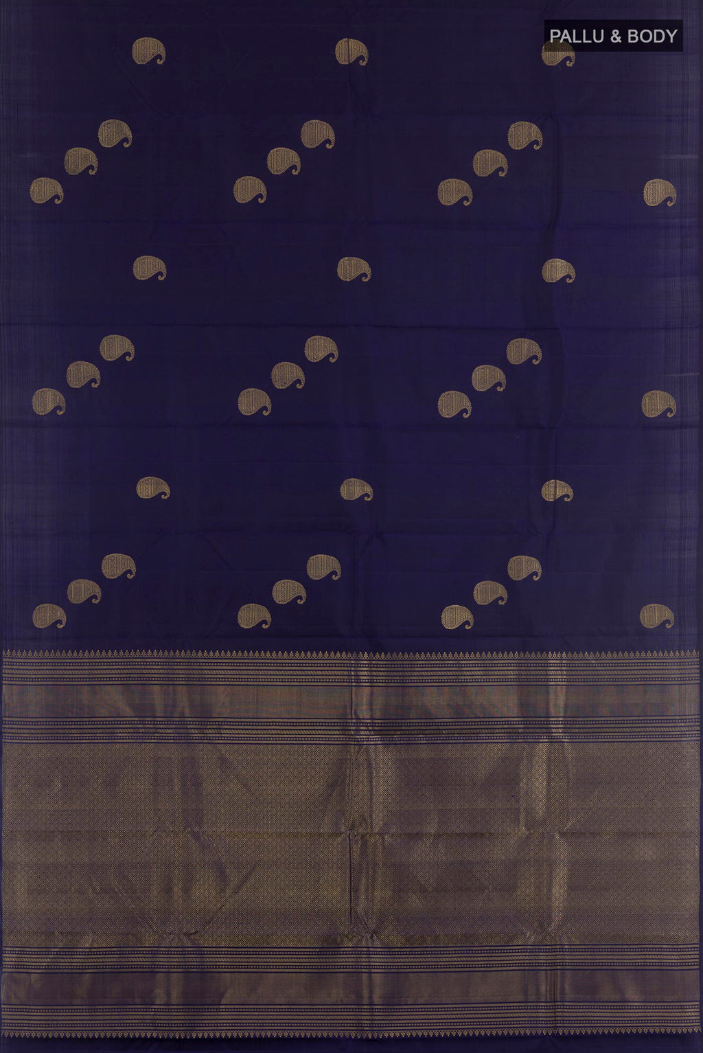 Flat view of Blue Kanchipuram Silk Saree with Zari Butta on the body and Zari Border. 
