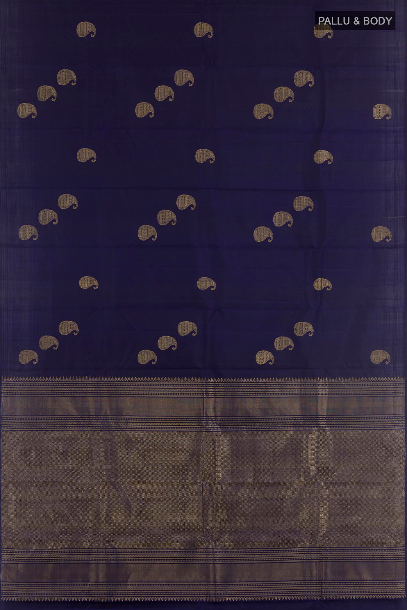 Flat view of Blue Kanchipuram Silk Saree with Zari Butta on the body and Zari Border. 