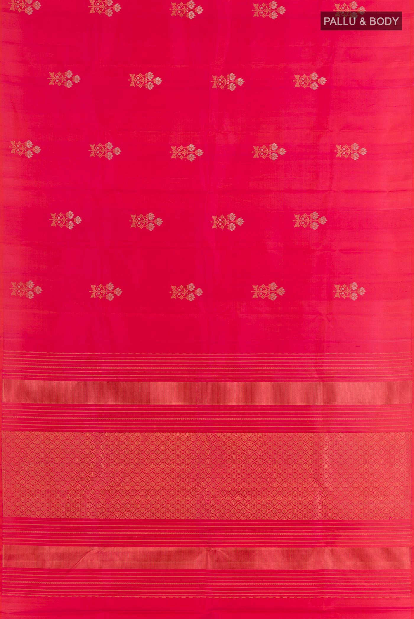 Flat view of Pink Kanchipuram Silk Saree with Zari Butta on the body and Zari Border. 