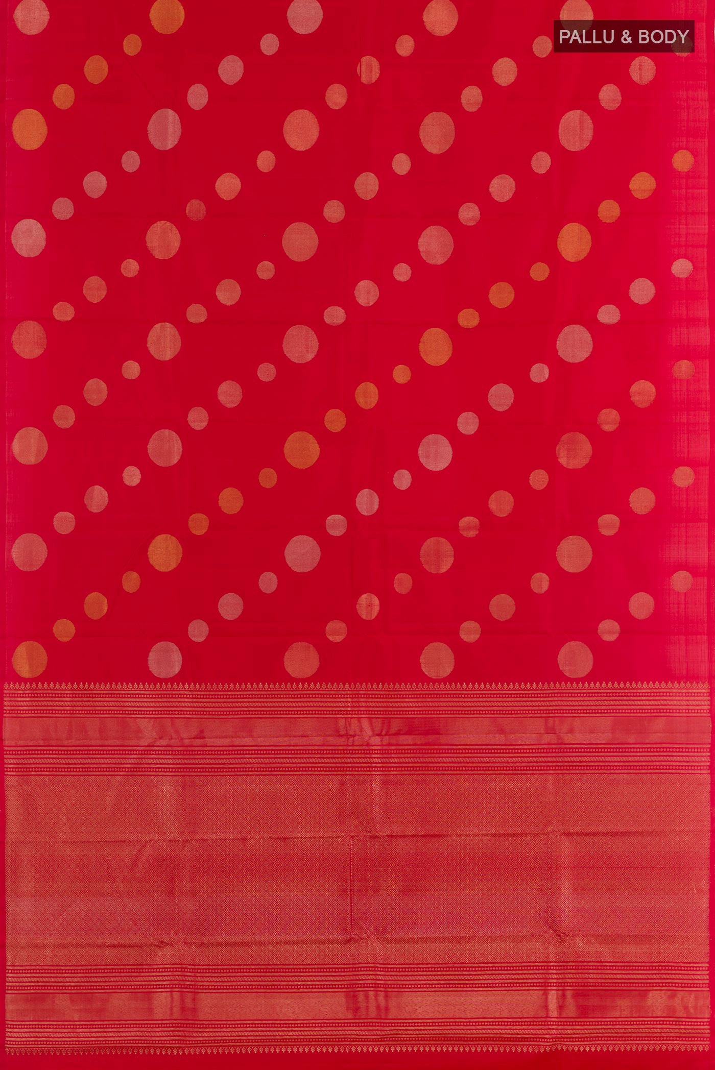 Flat view of Red Kanjivaram Silk Saree with Zari Butta on the body and Zari Border. 