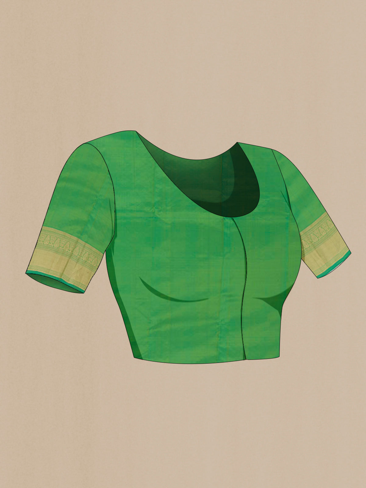 Close up image of the blouse of Green Dual Tone Kanjivaram Silk Saree with Zari Butta on the body and Zari Border. 
