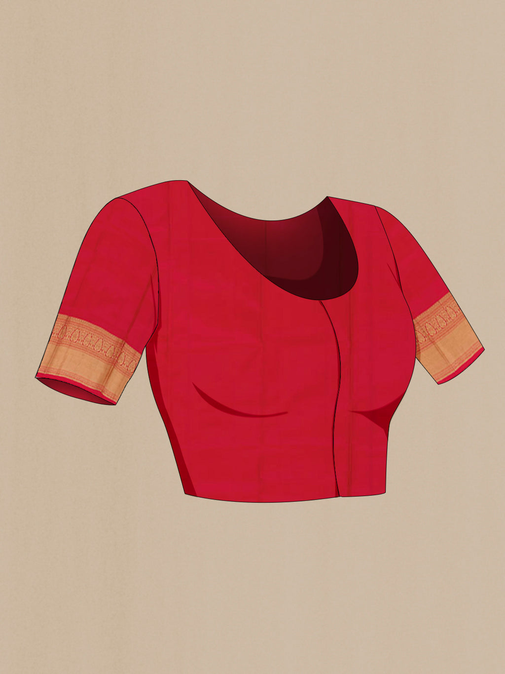 Close up image of the blouse of Red Kanjivaram Silk Saree with Zari Butta on the body and Zari Border. 