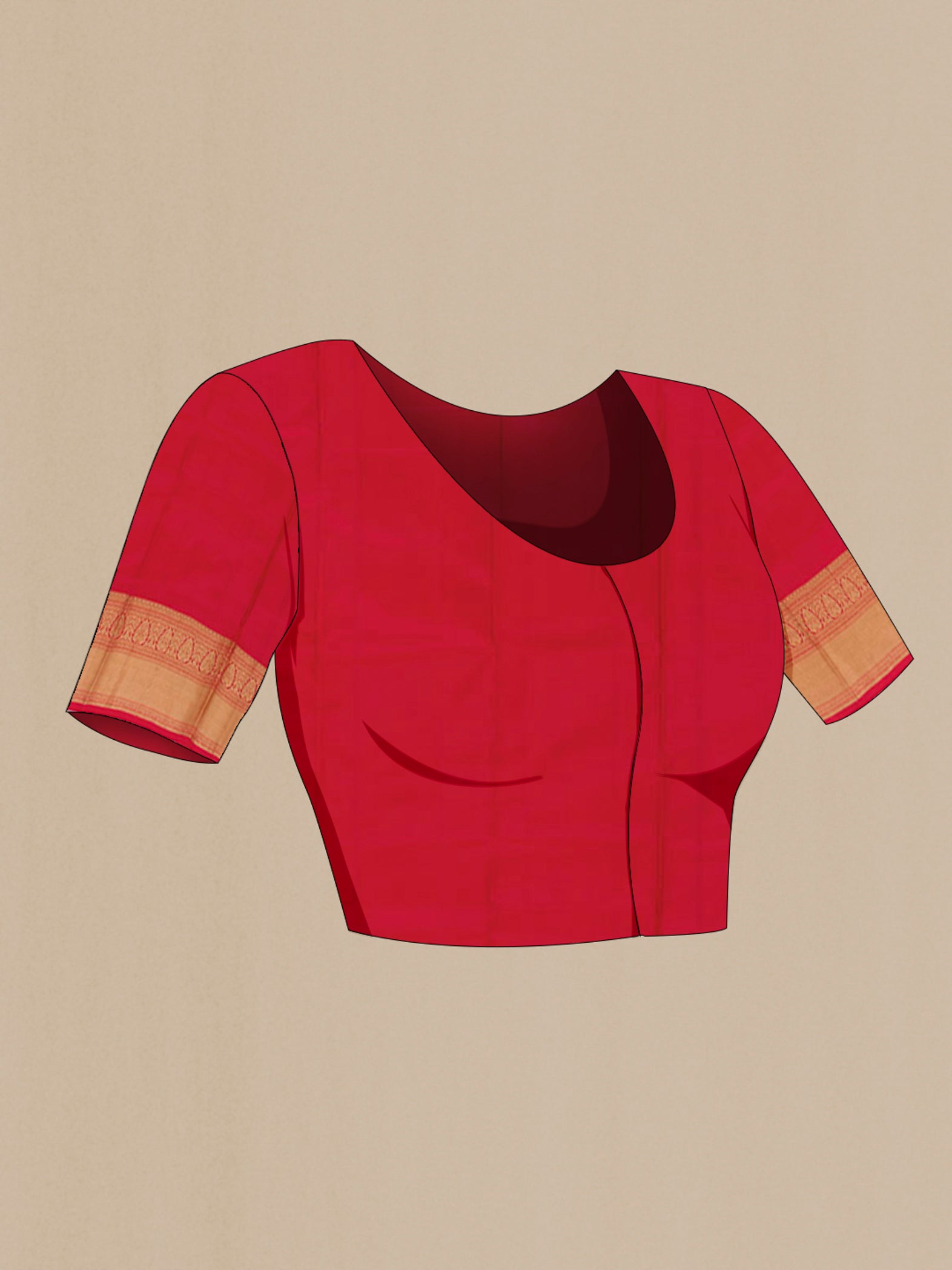 Close up image of the blouse of Red Kanjivaram Silk Saree with Zari Butta on the body and Zari Border. 